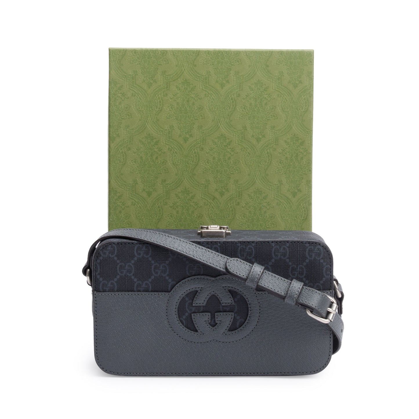 Gucci Black GG Supreme Grey Dollar Textured Leather Mini New Basket Crossbody Bag