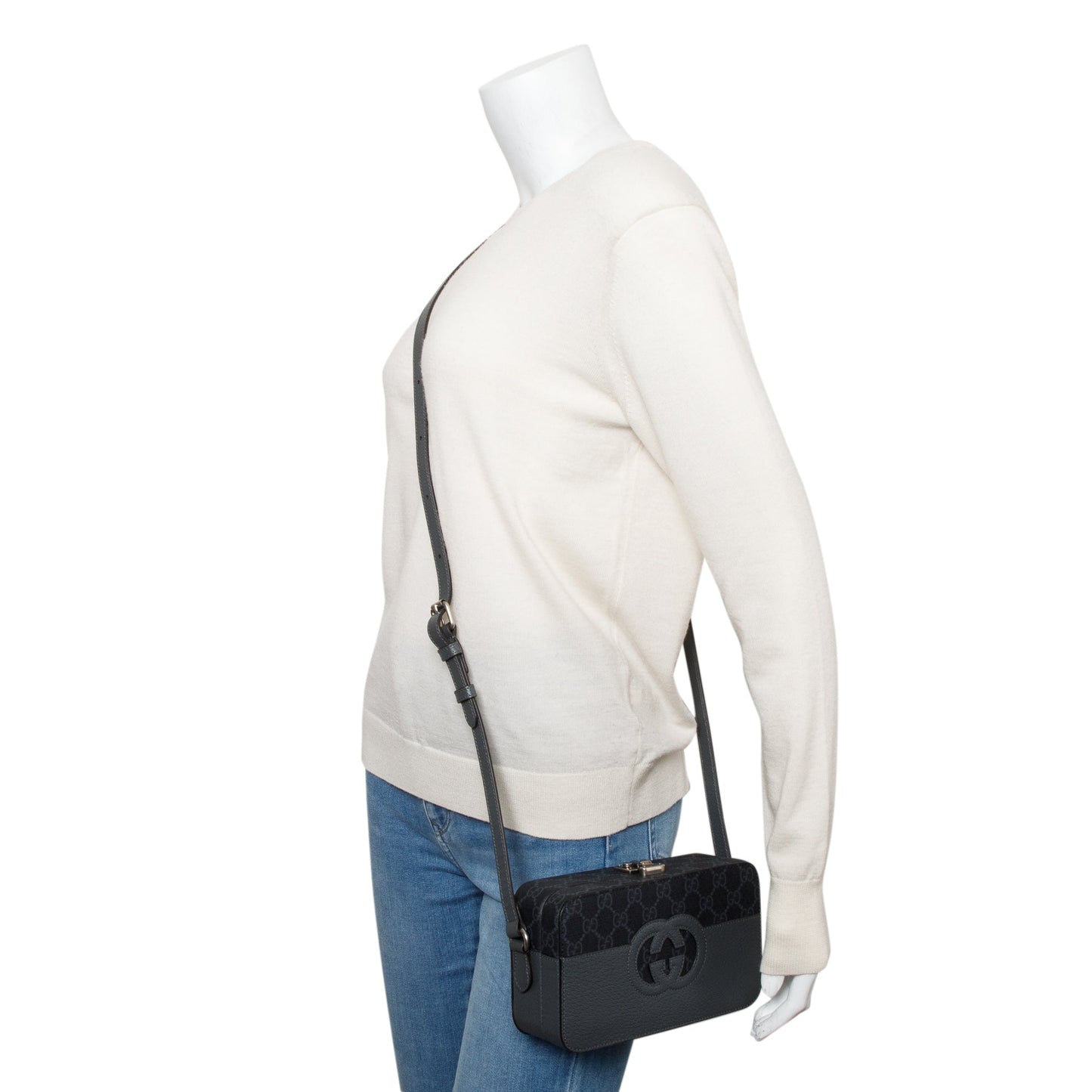 Gucci Black GG Supreme Grey Dollar Textured Leather Mini New Basket Crossbody Bag