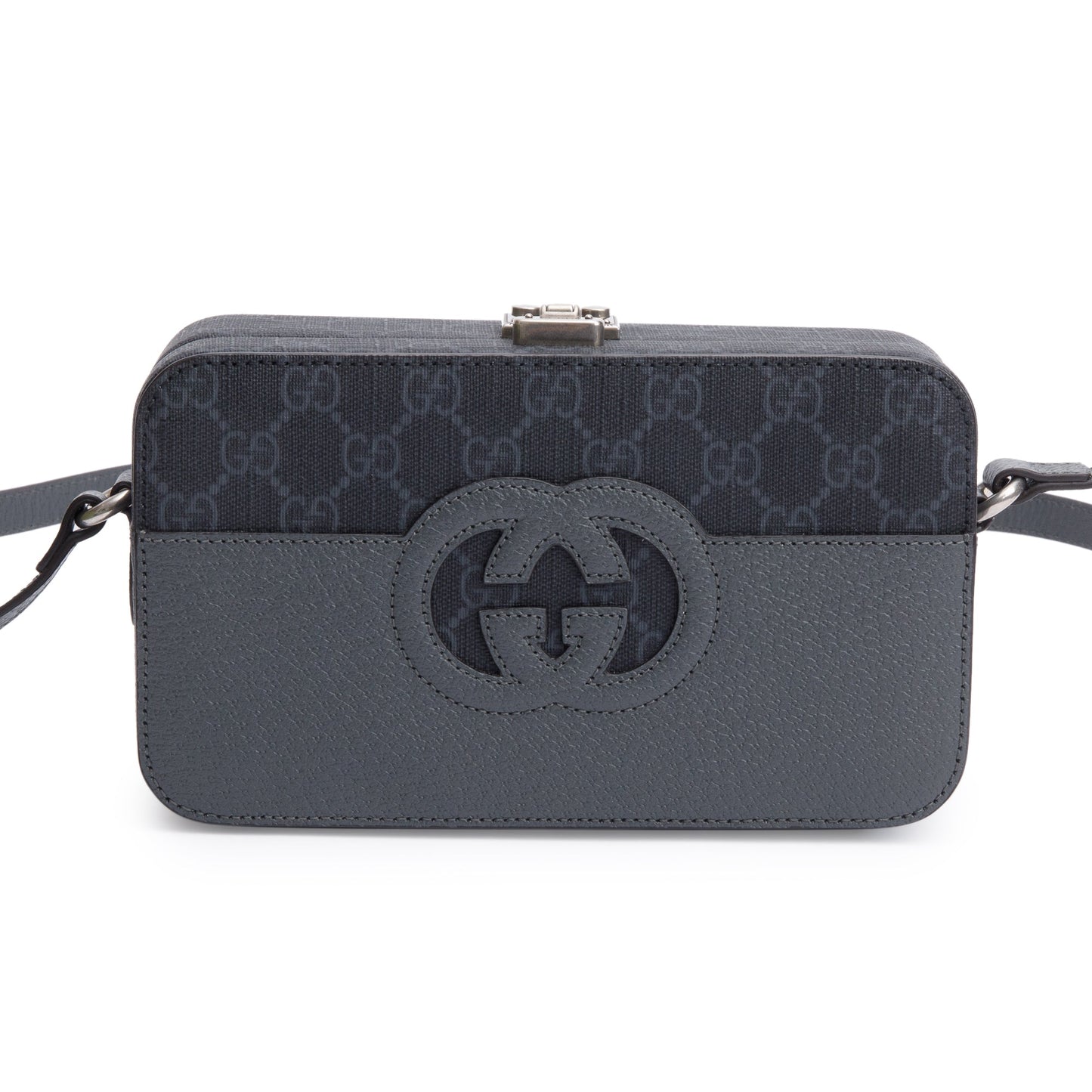 Gucci Black GG Supreme Grey Dollar Textured Leather Mini New Basket Crossbody Bag