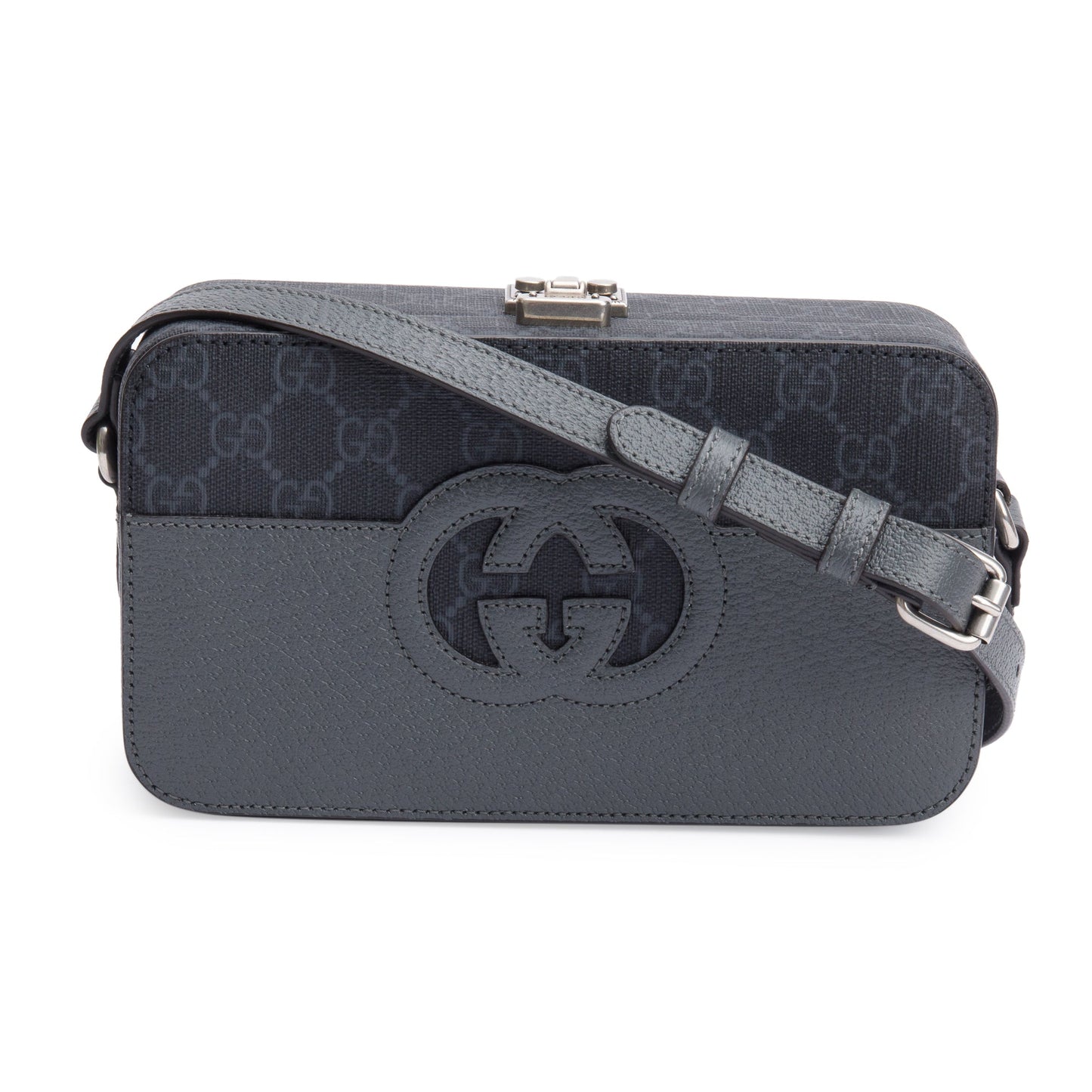 Gucci Black GG Supreme Grey Dollar Textured Leather Mini New Basket Crossbody Bag