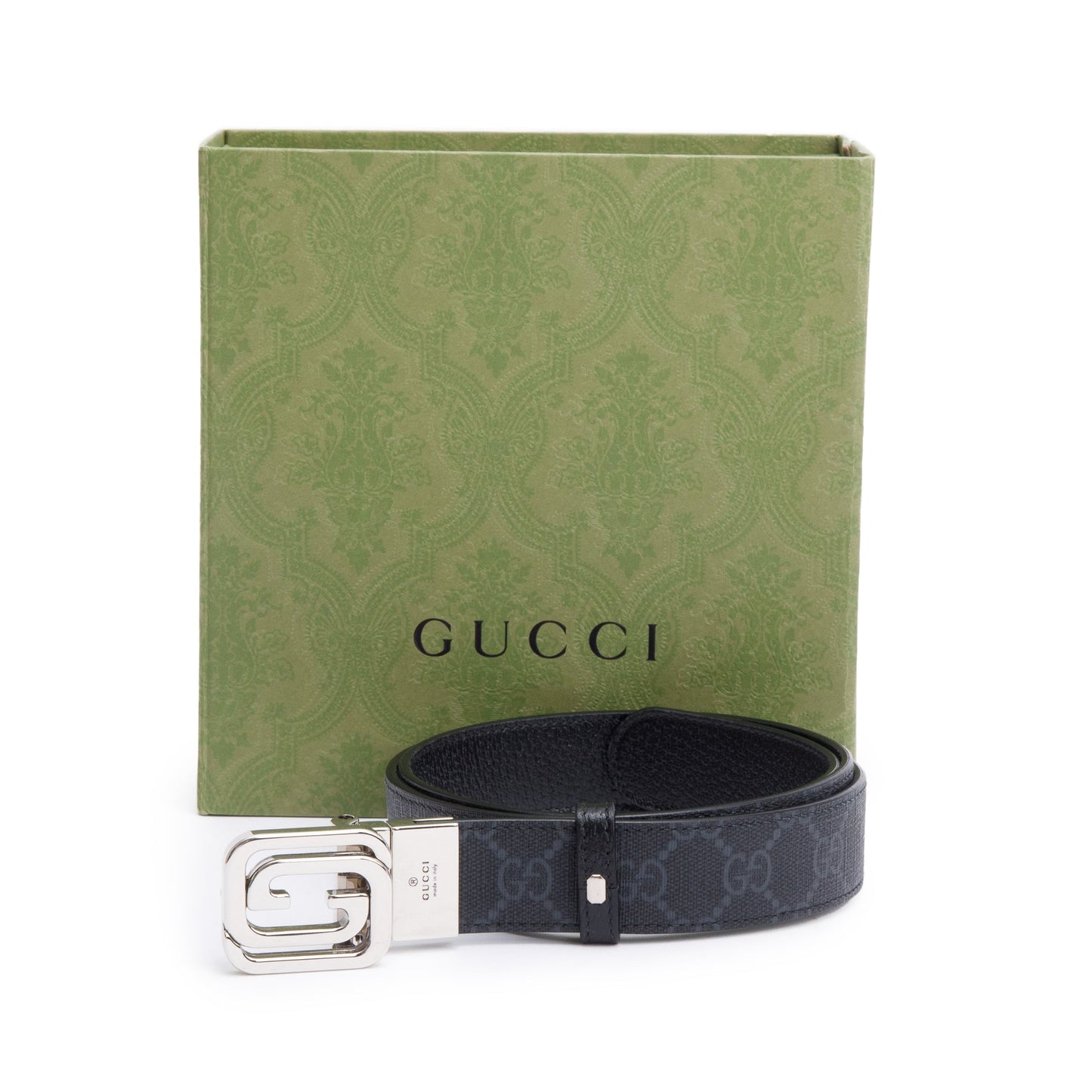 Gucci Black GG Supreme Leather Reversible Belt with Square Interlocking G Buckle, 90 36