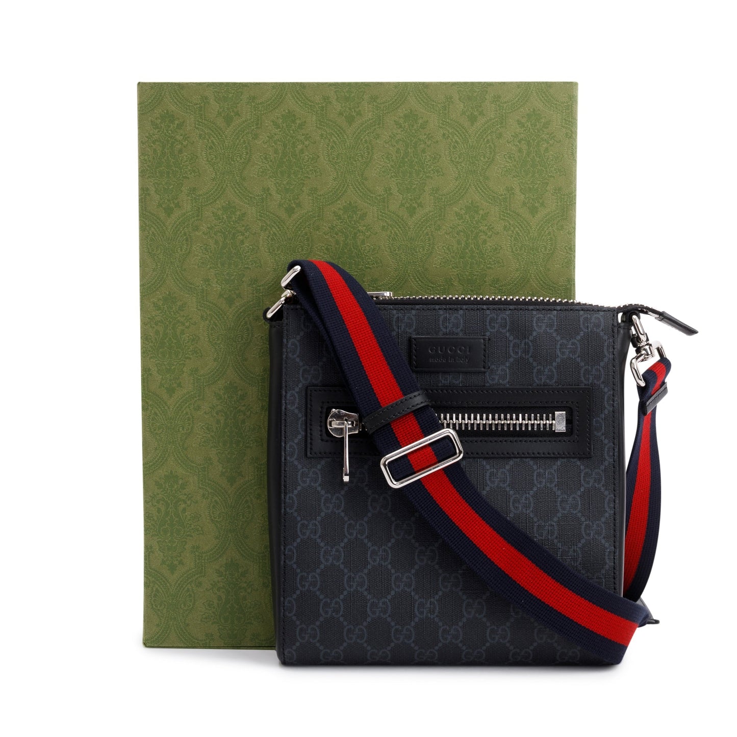 Gucci Black GG Supreme Monogram Web Flat Small Messenger Bag