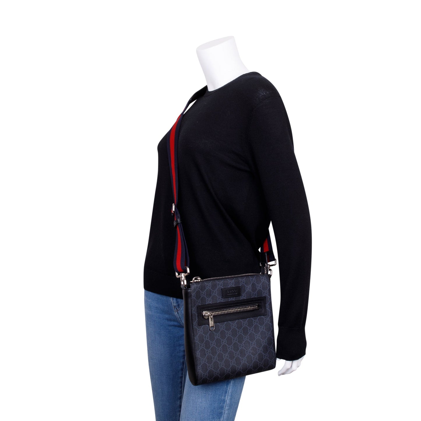 Gucci Black GG Supreme Monogram Web Flat Small Messenger Bag