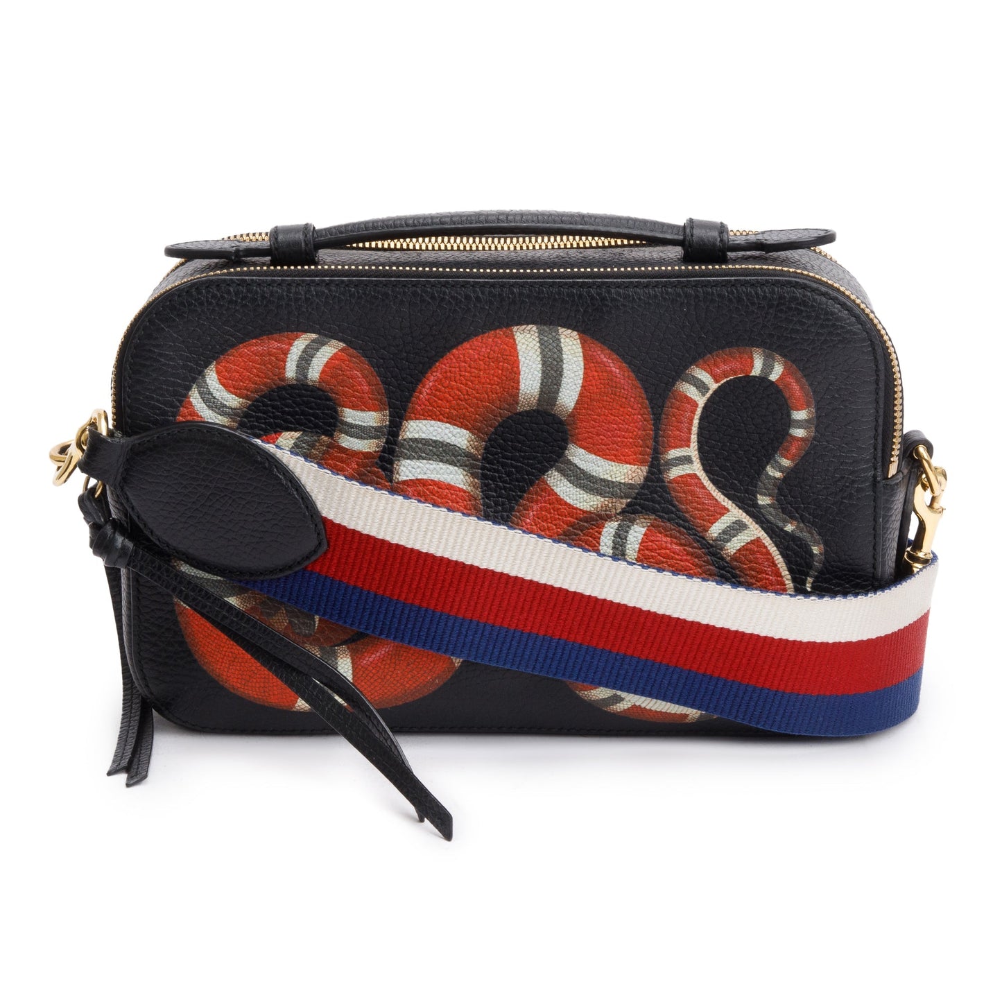 Gucci Black Grained Calfskin Leather Sylvie Web Kingsnake Small Camera Bag