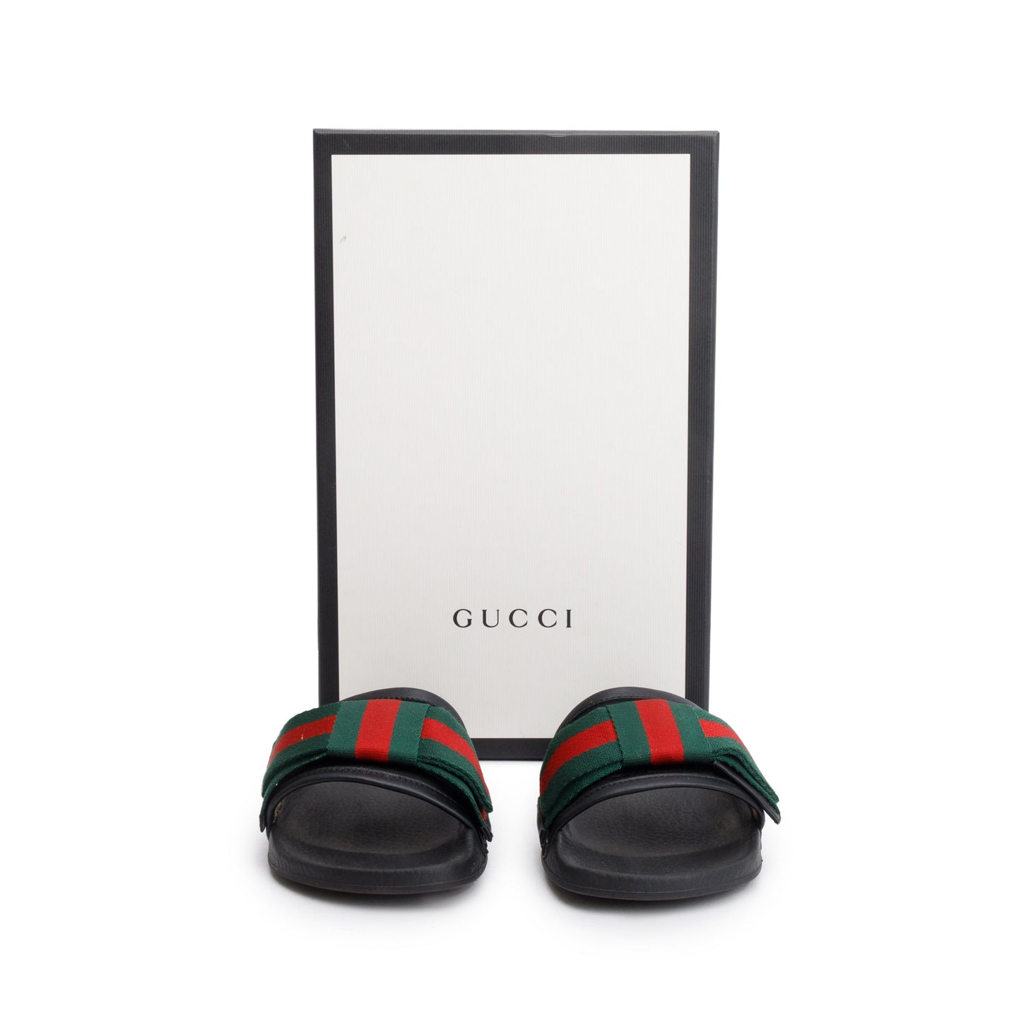 Gucci Black, Green & Red Satin Bow Web Accent Rubber Slides, Size 35