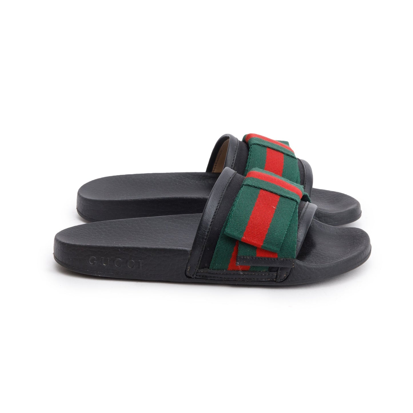Gucci Black, Green & Red Satin Bow Web Accent Rubber Slides, Size 35