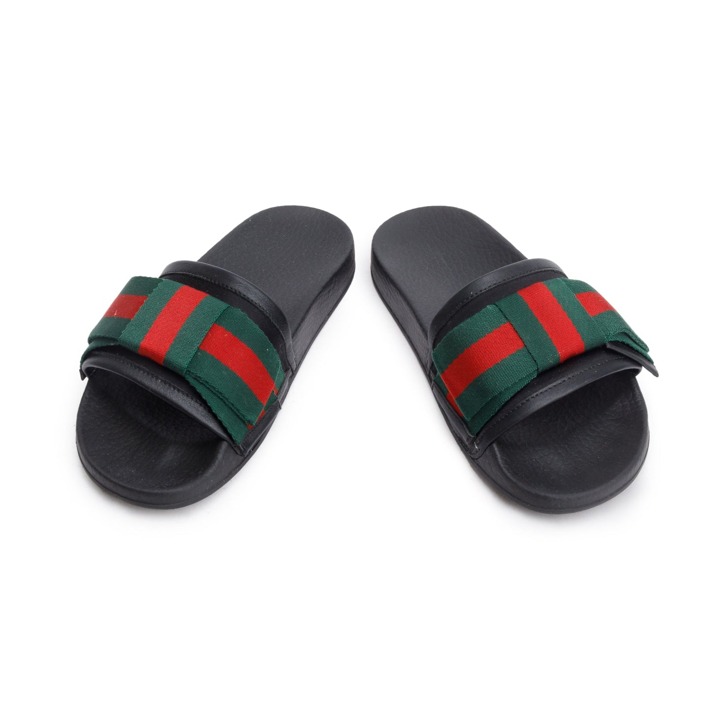 Gucci Black, Green & Red Satin Bow Web Accent Rubber Slides, Size 35