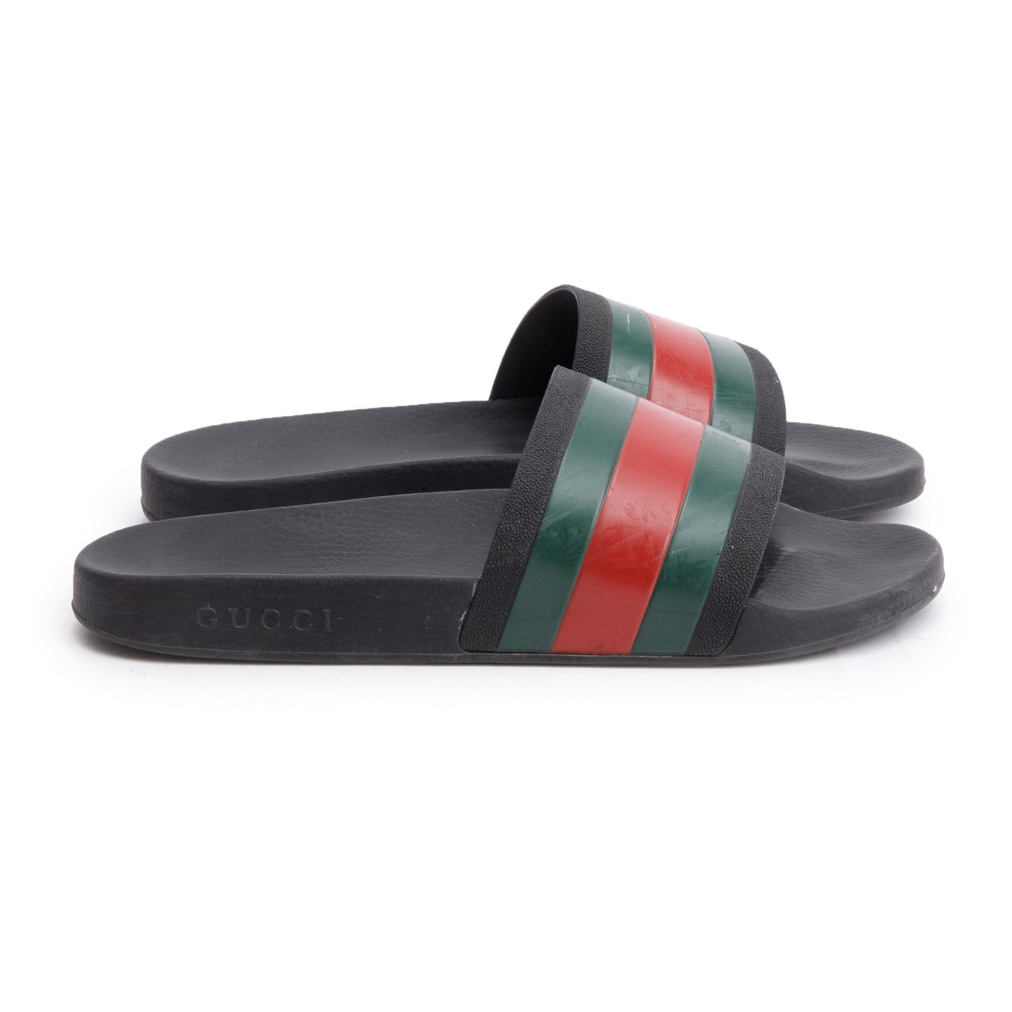 Gucci Black, Green & Red Web Accent Rubber Slides, Size 9