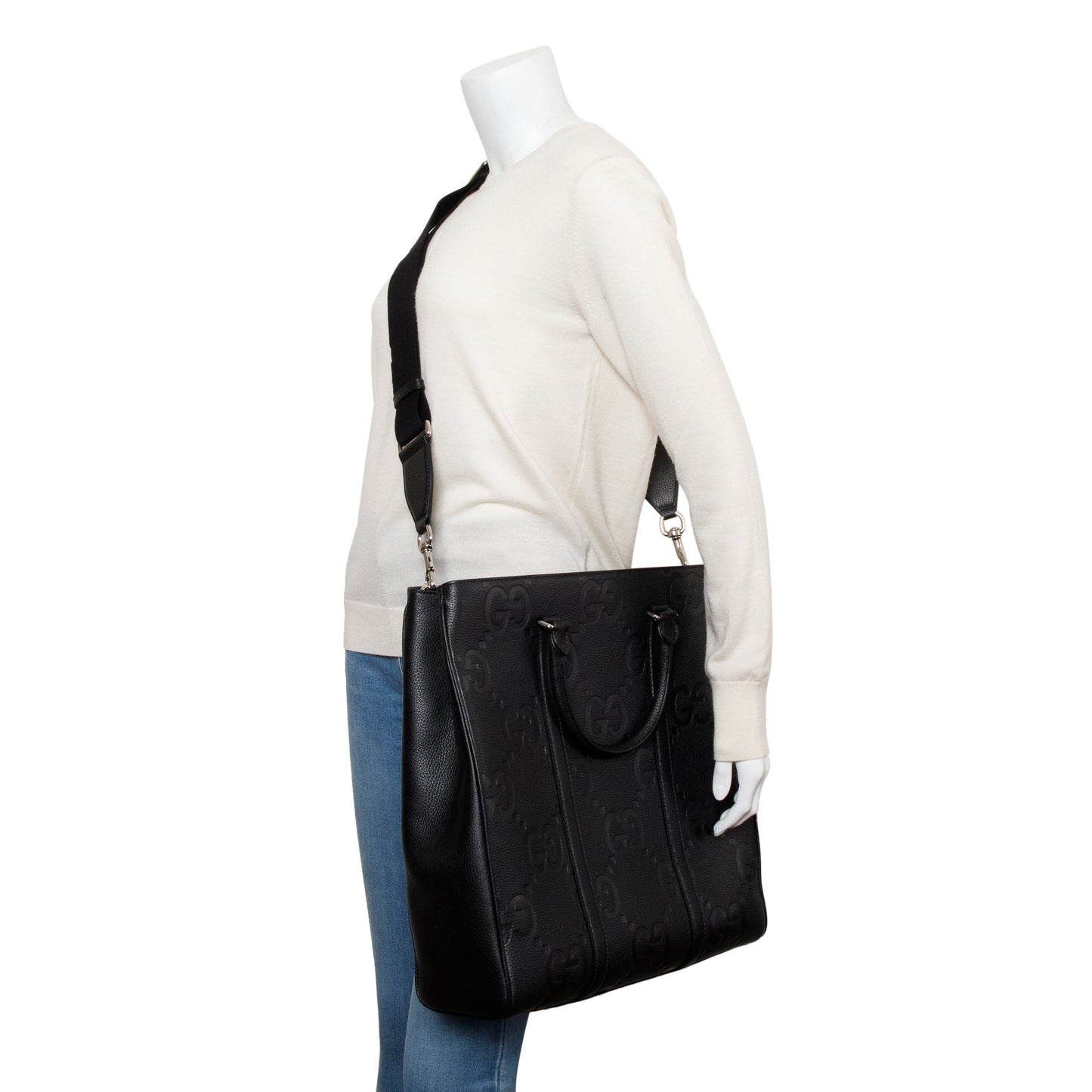 Gucci Black Jumbo GG Embossed Calfksin Leather Convertible Tote