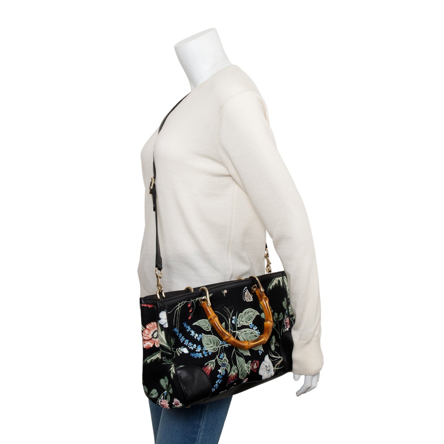 Gucci Black Knight Flora Canvas Medium Bamboo Shopper Tote
