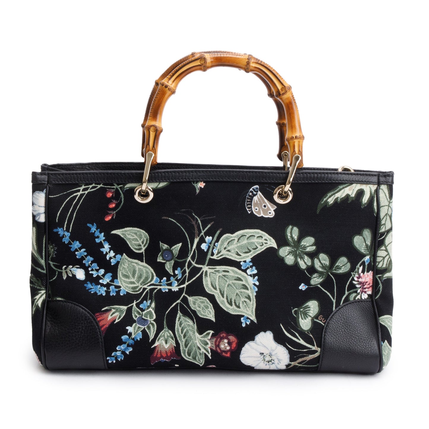 Gucci Black Knight Flora Canvas Medium Bamboo Shopper Tote