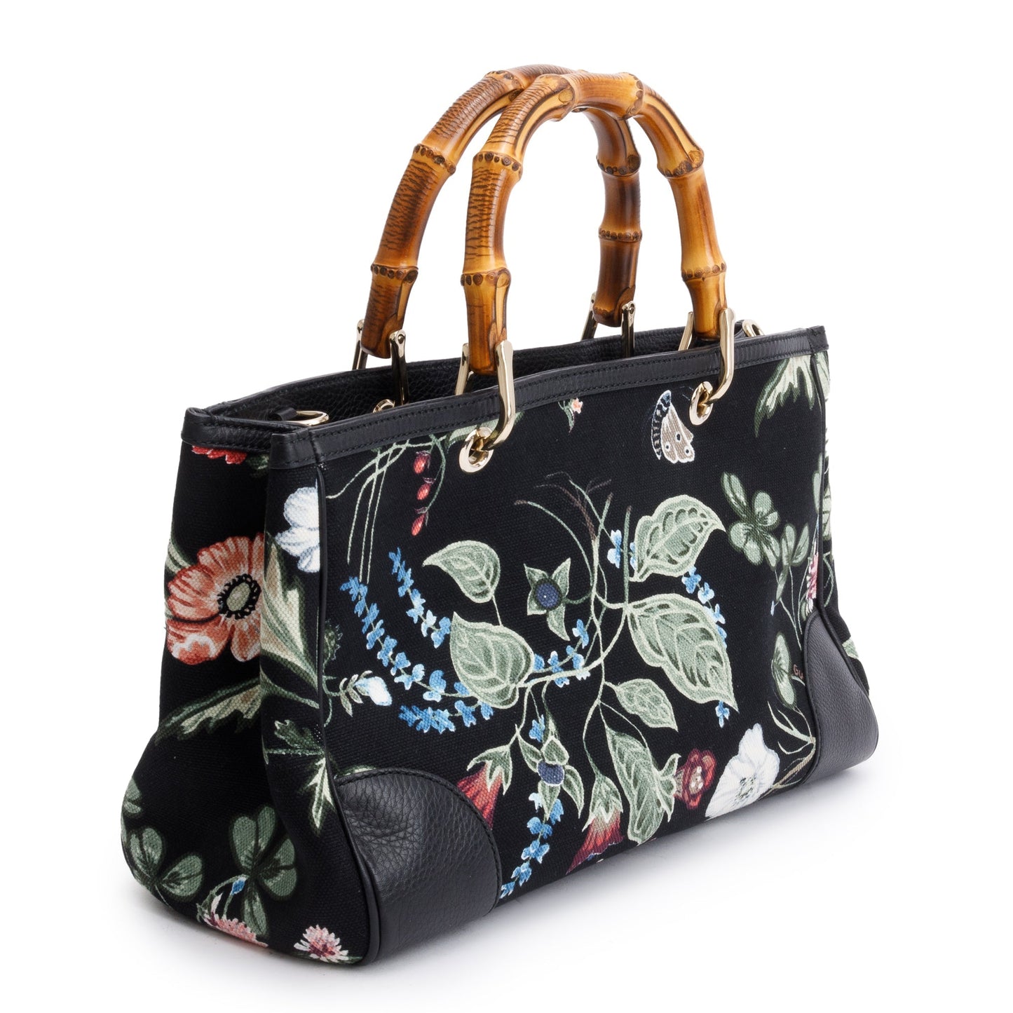 Gucci Black Knight Flora Canvas Medium Bamboo Shopper Tote