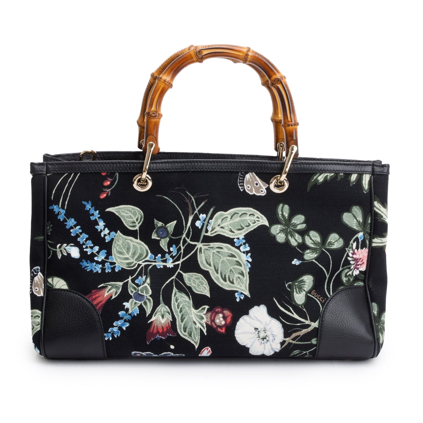Gucci Black Knight Flora Canvas Medium Bamboo Shopper Tote