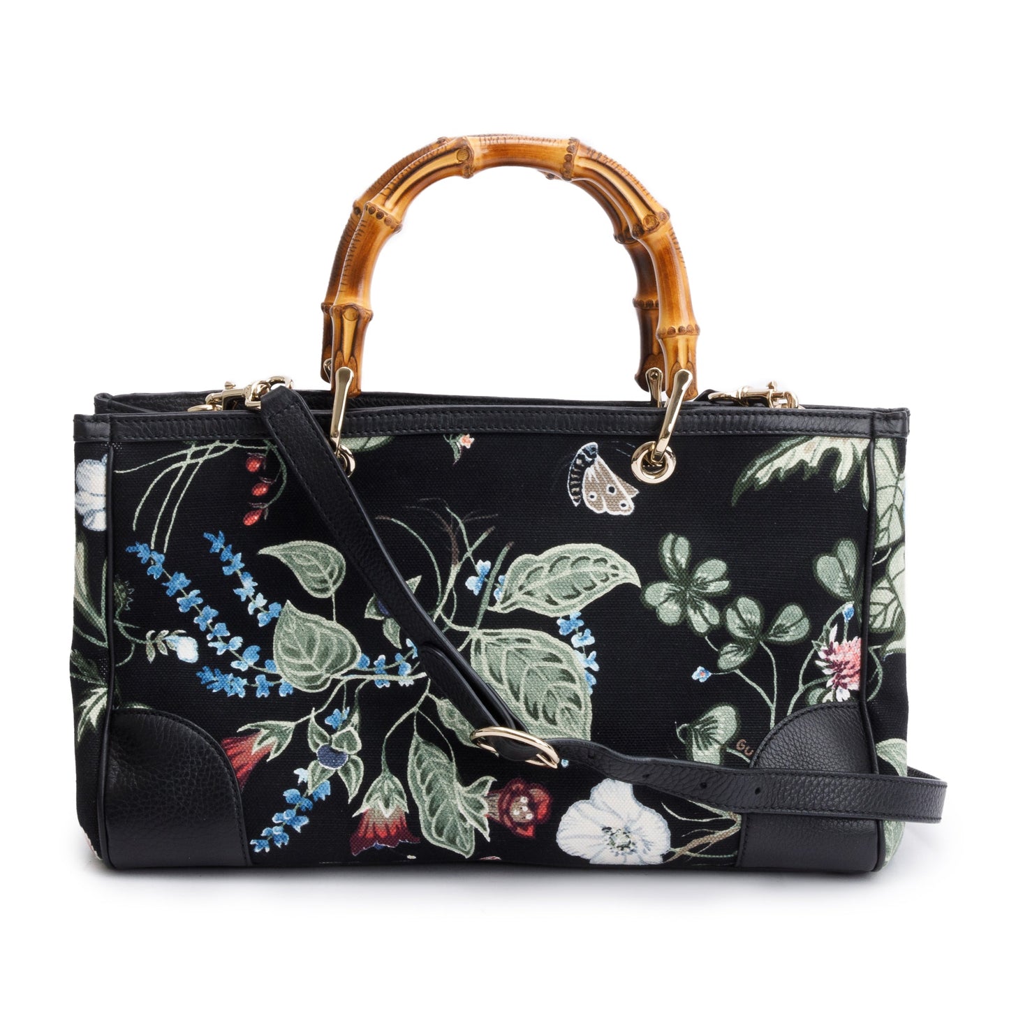 Gucci Black Knight Flora Canvas Medium Bamboo Shopper Tote