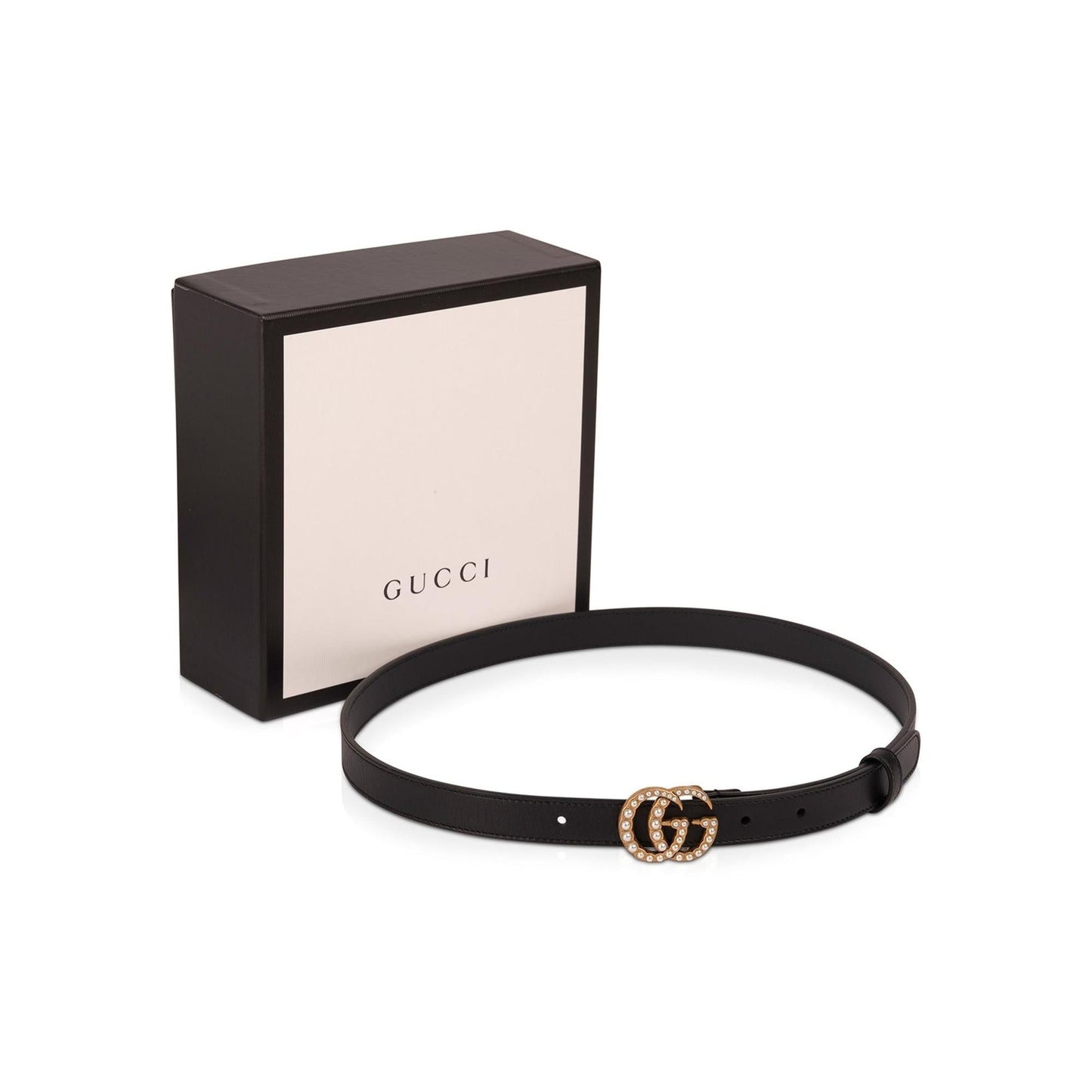 Gucci Black Leather Belt with Pearl Double G Buckle