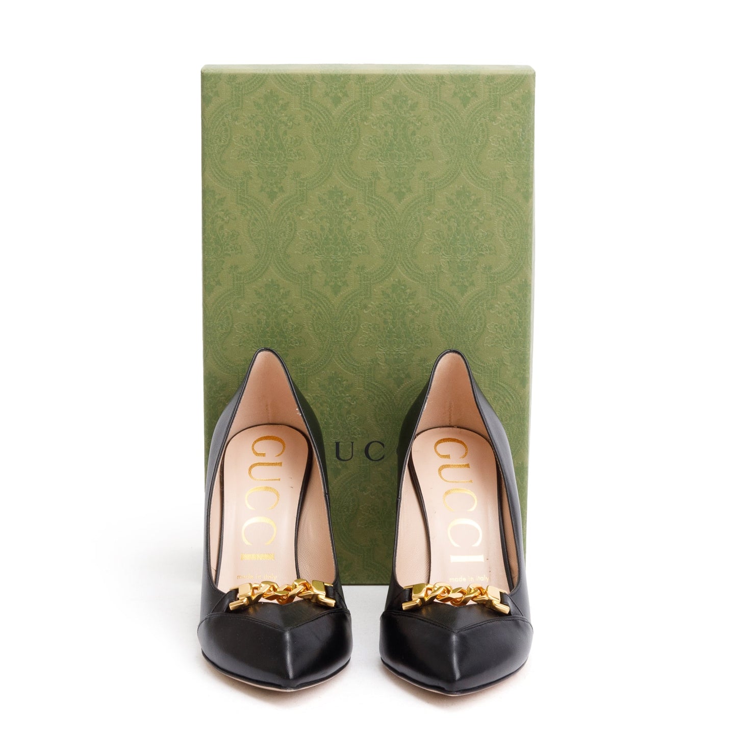 Gucci Black Leather Chain Link Accent Pumps, Size 38