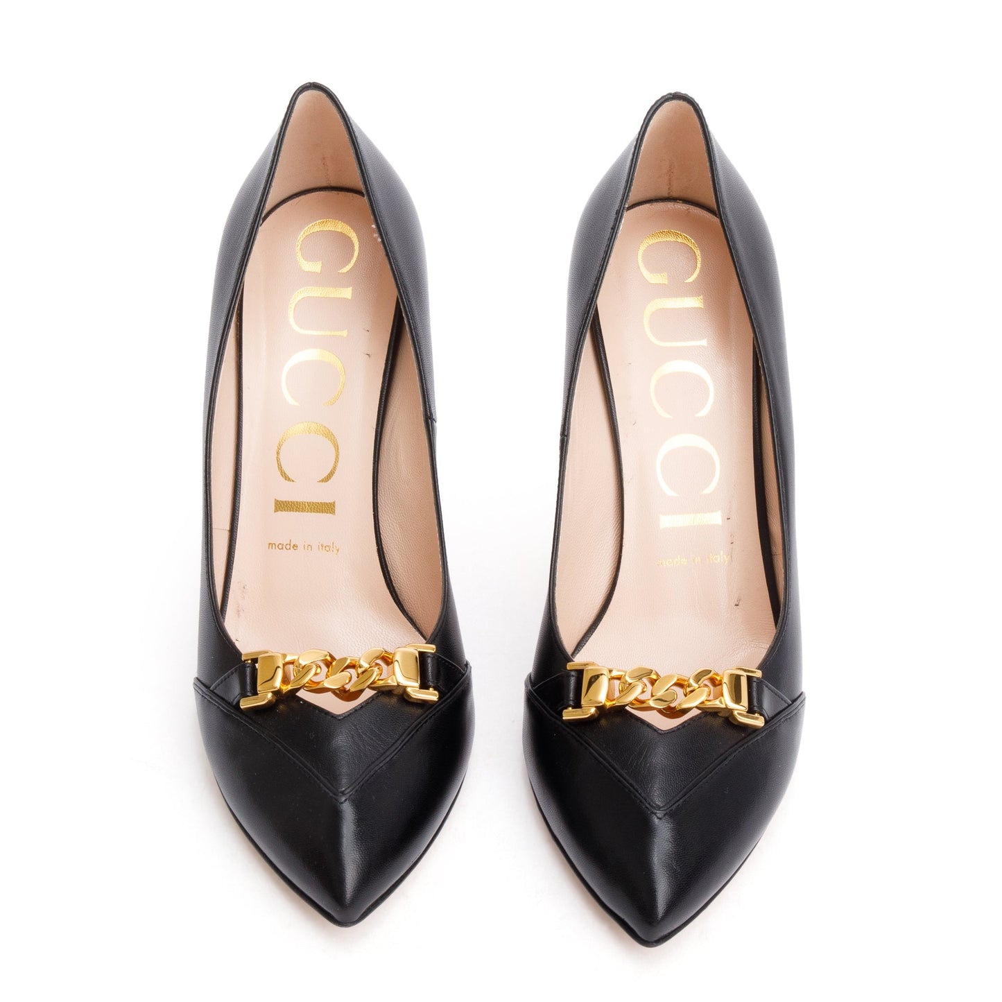 Gucci Black Leather Chain Link Accent Pumps, Size 38