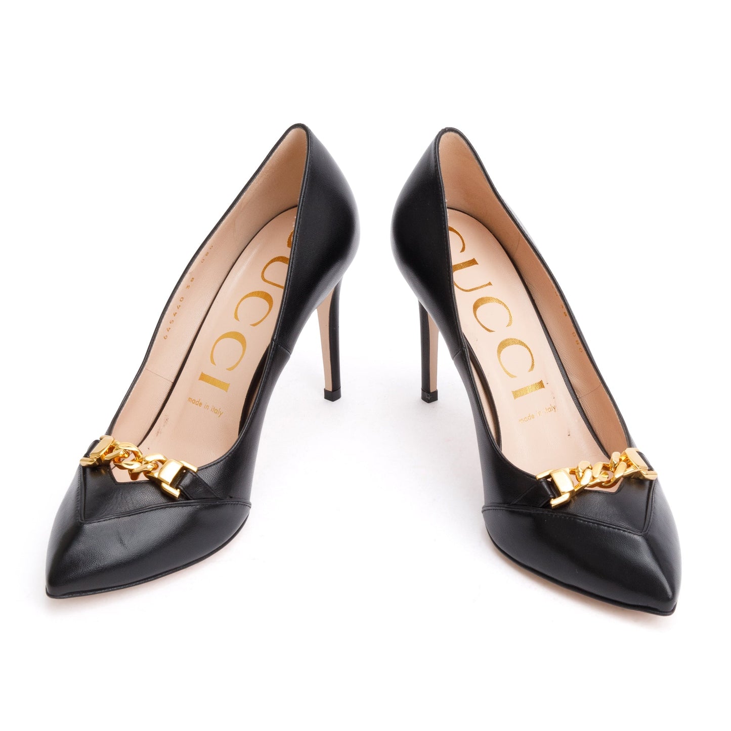 Gucci Black Leather Chain Link Accent Pumps, Size 38