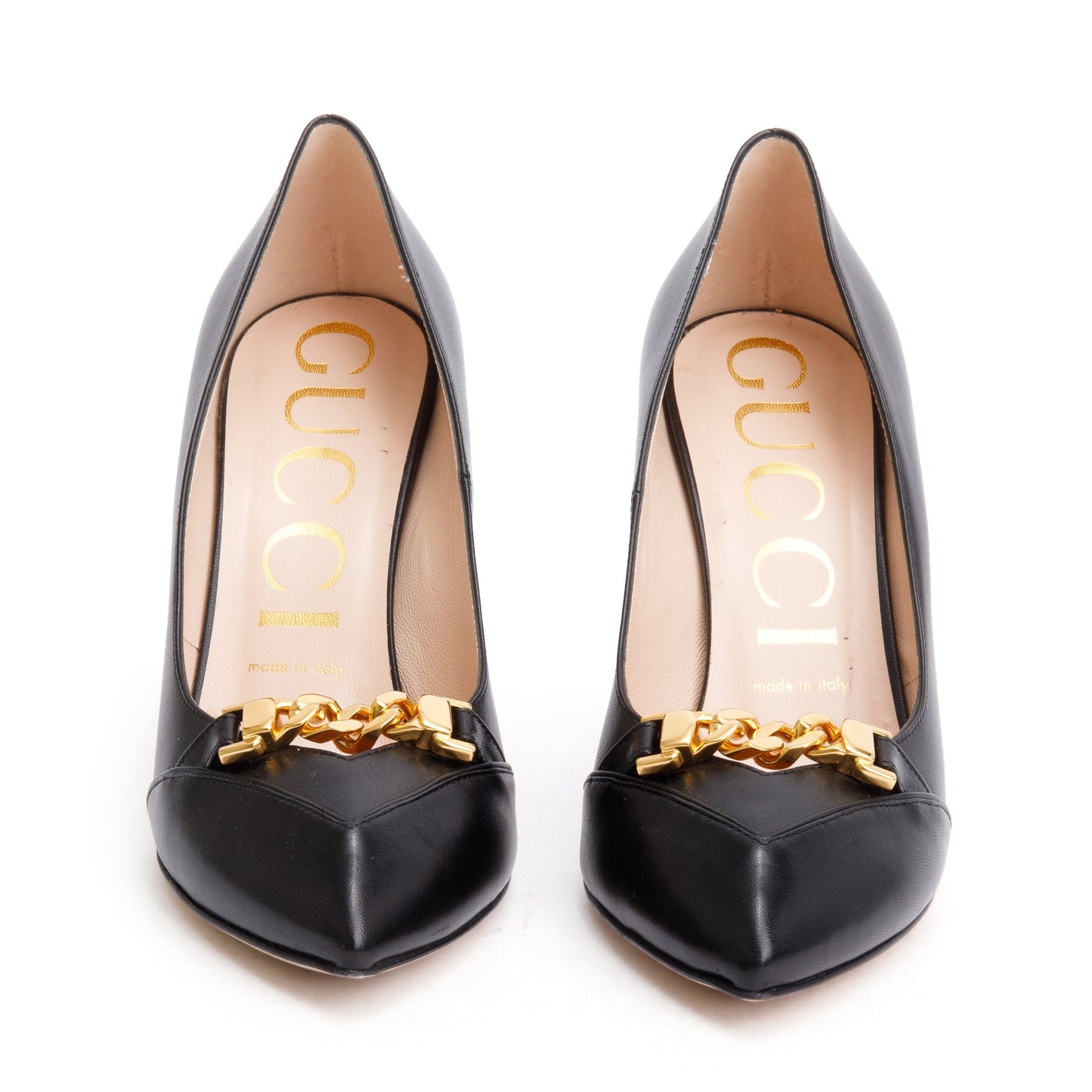 Gucci Black Leather Chain Link Accent Pumps, Size 38