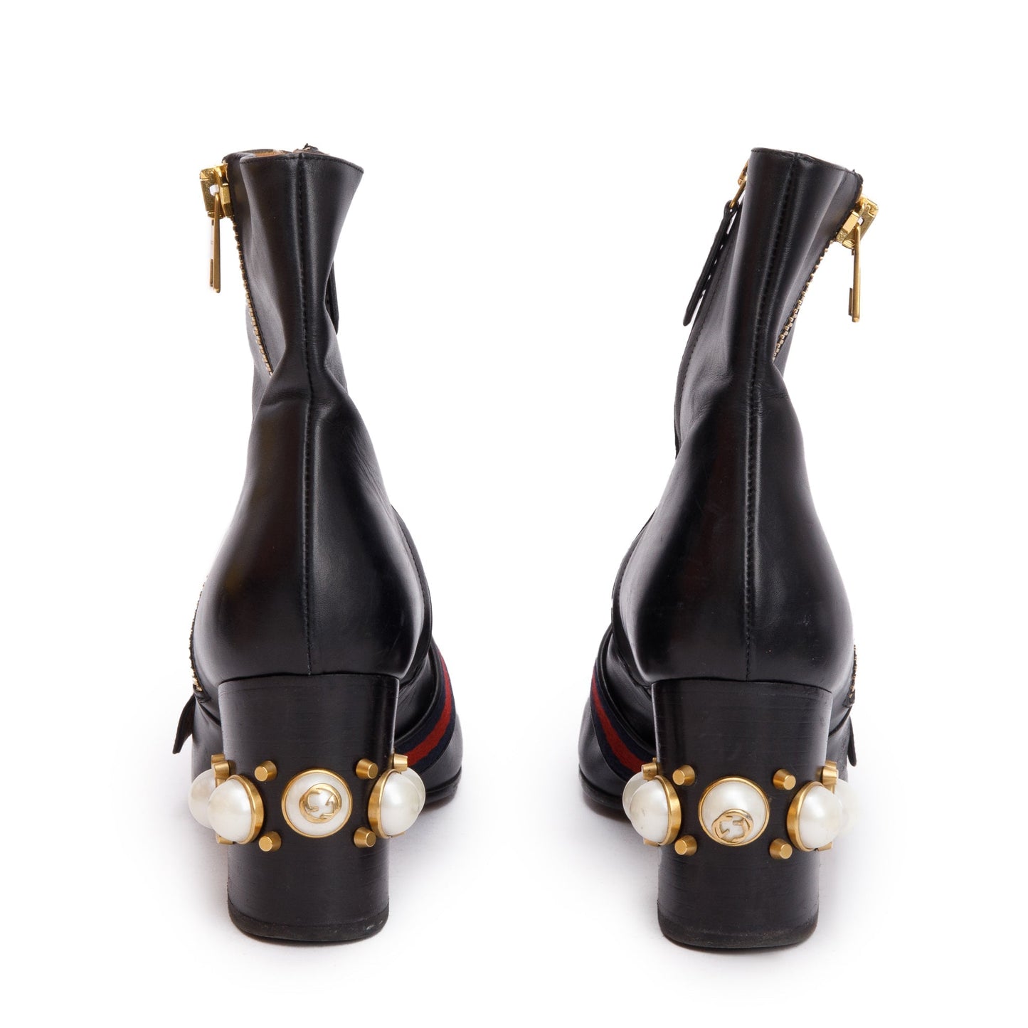 Gucci Black Leather Faux Pearl Accent GG Web Boots, Size 40