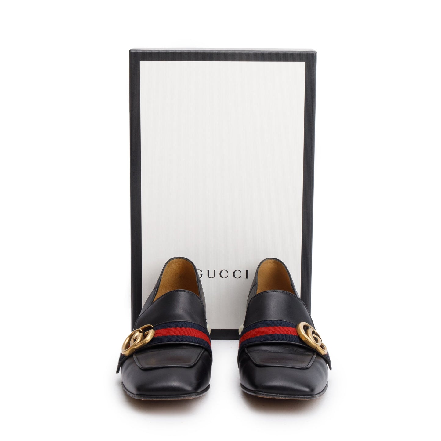 Gucci Black Leather Faux Pearl Studded Accent GG Peyton Web Pumps, Size 37.5