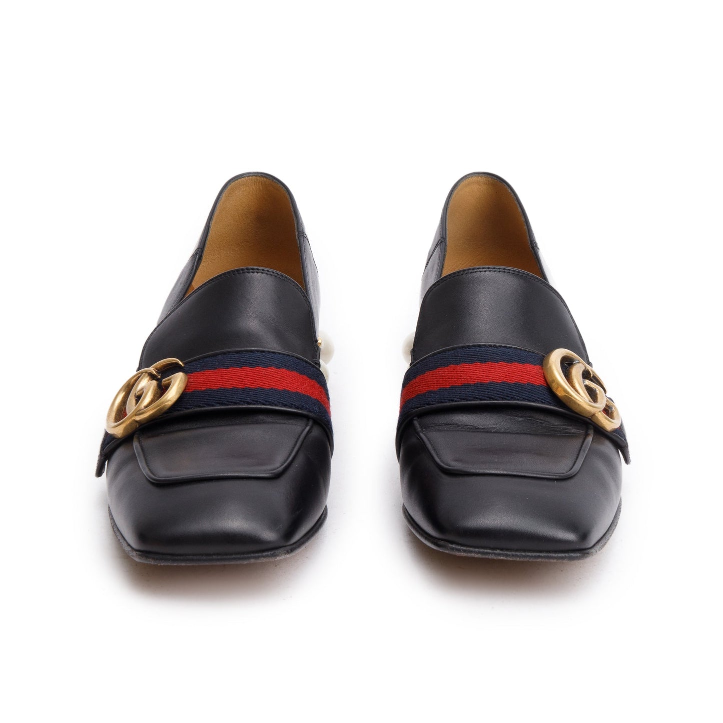 Gucci Black Leather Faux Pearl Studded Accent GG Peyton Web Pumps, Size 37.5