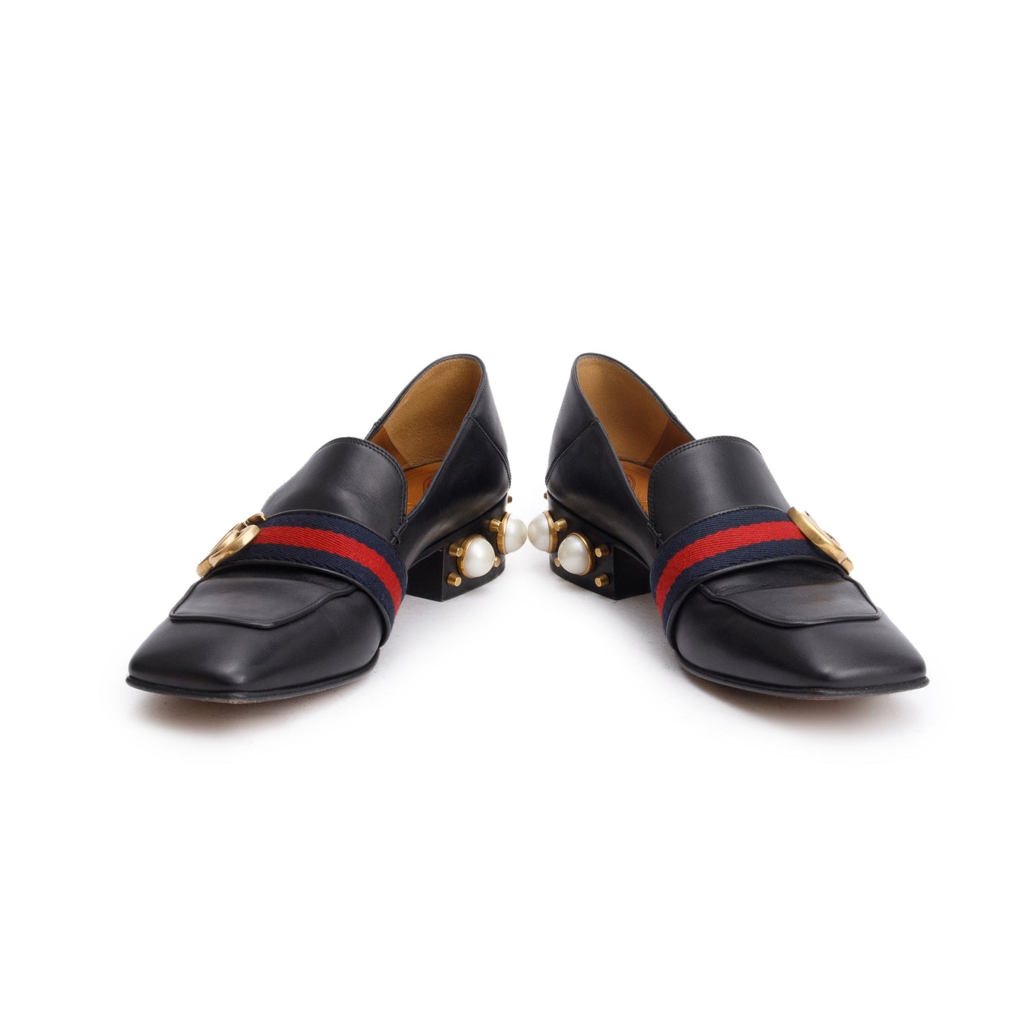 Gucci Black Leather Faux Pearl Studded Accent GG Peyton Web Pumps, Size 37.5