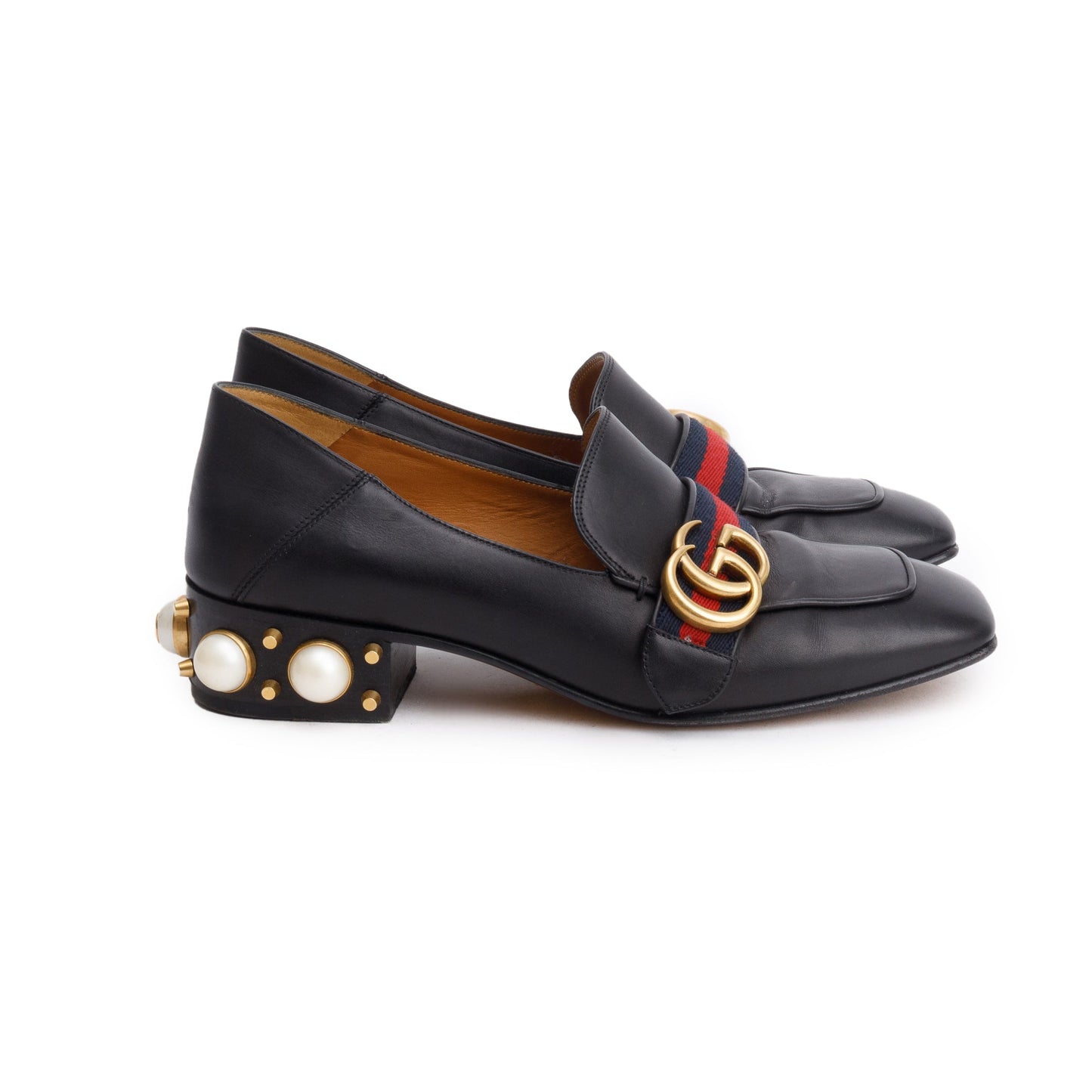 Gucci Black Leather Faux Pearl Studded Accent GG Peyton Web Pumps, Size 37.5
