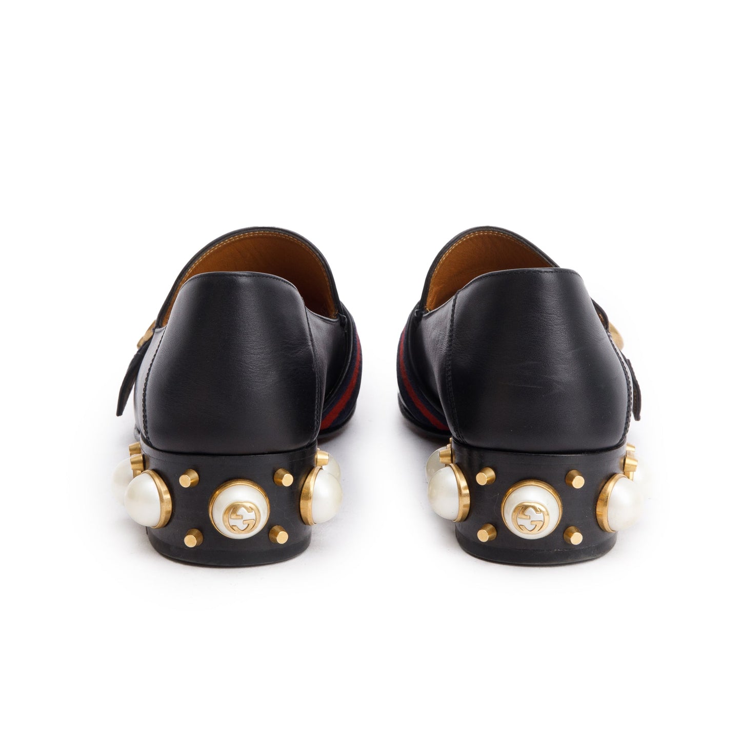 Gucci Black Leather Faux Pearl Studded Accent GG Peyton Web Pumps, Size 37.5