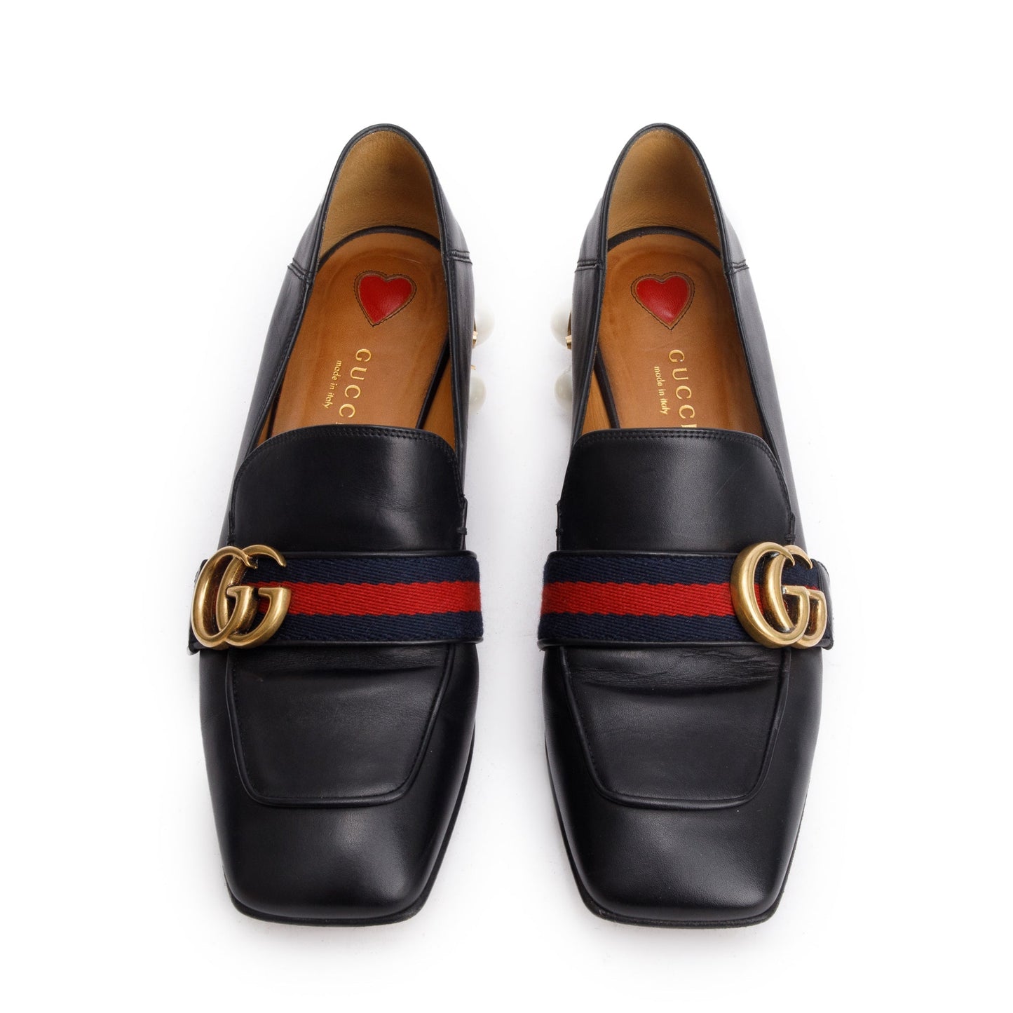 Gucci Black Leather Faux Pearl Studded Accent GG Peyton Web Pumps, Size 37.5