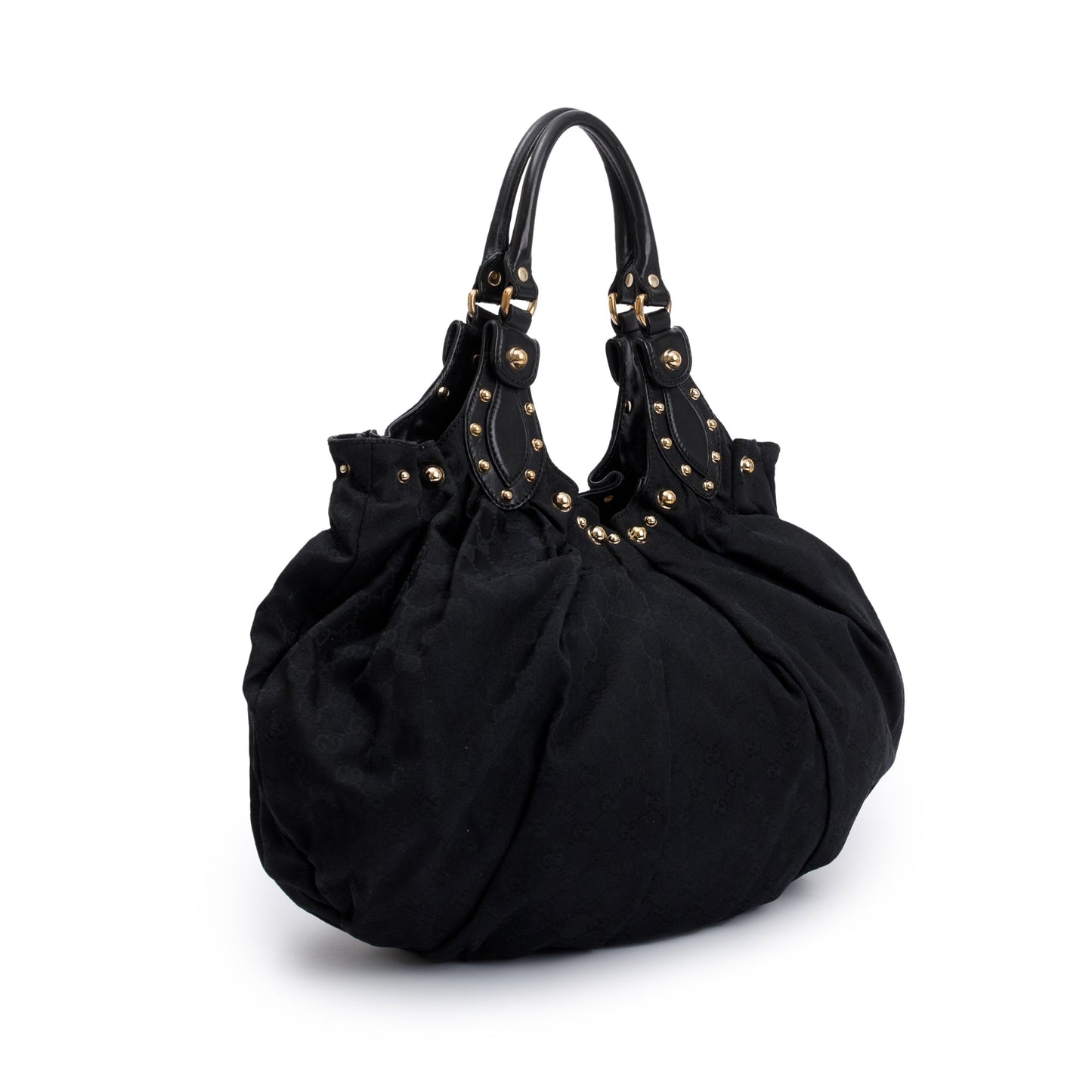 Gucci Black Leather GG Canvas Medium Studded Pelham Bag