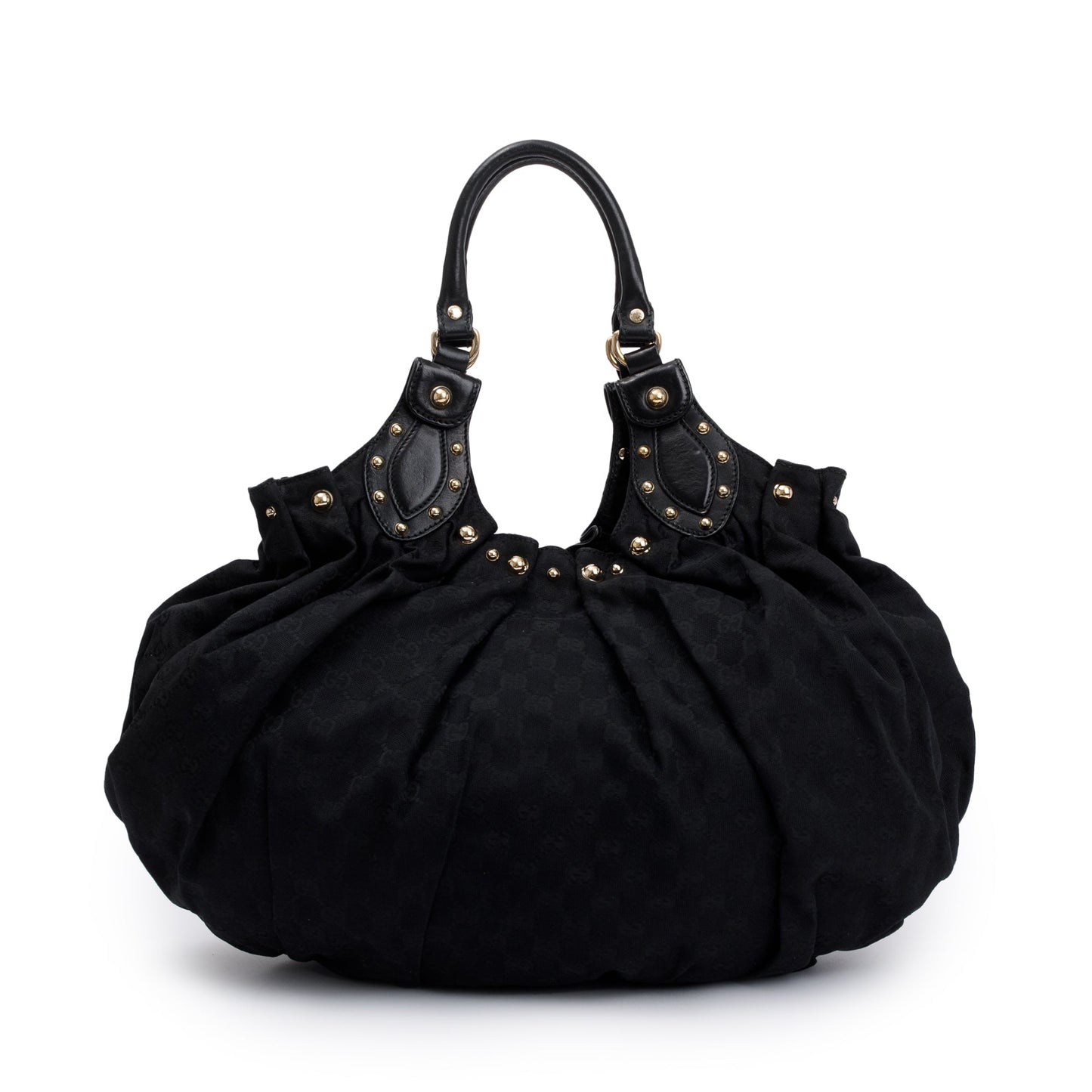 Gucci Black Leather GG Canvas Medium Studded Pelham Bag