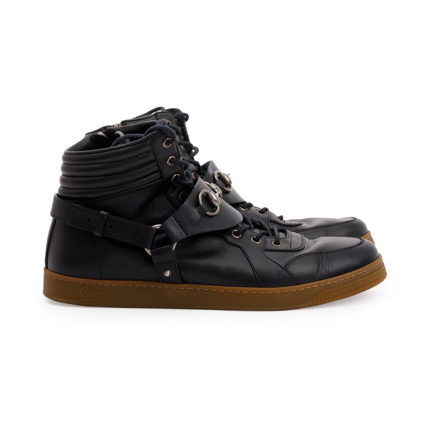 Gucci Black Leather Horsebit Accent High Top Sneakers, Size 8.5