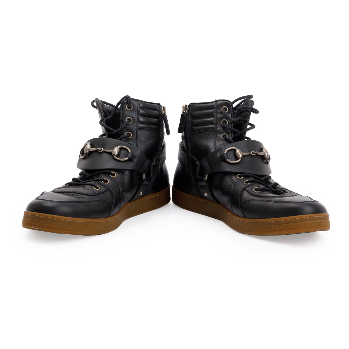 Gucci Black Leather Horsebit Accent High Top Sneakers, Size 8.5