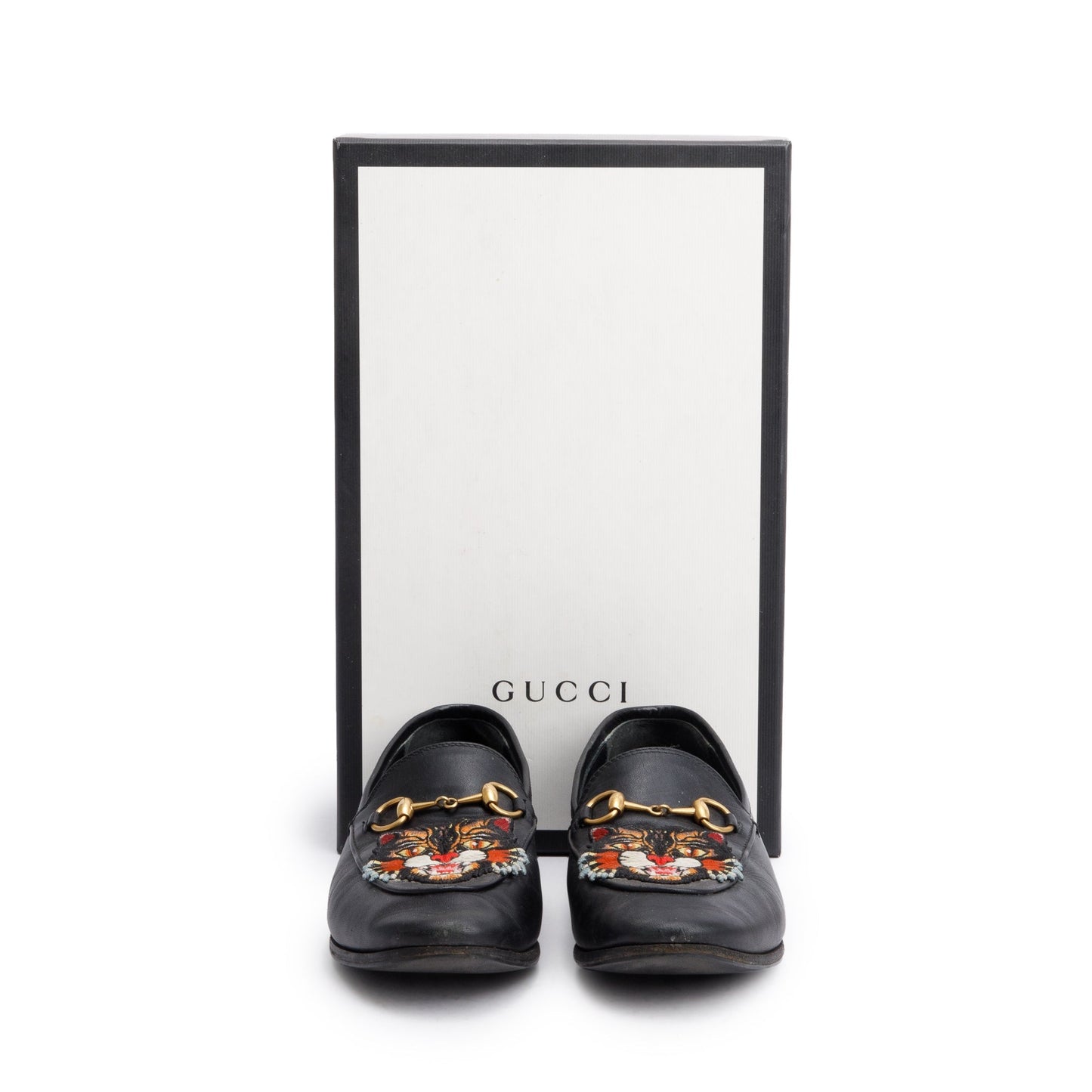 Gucci Black Leather Horsebit Accent Tiger Loafers, Size 6.5