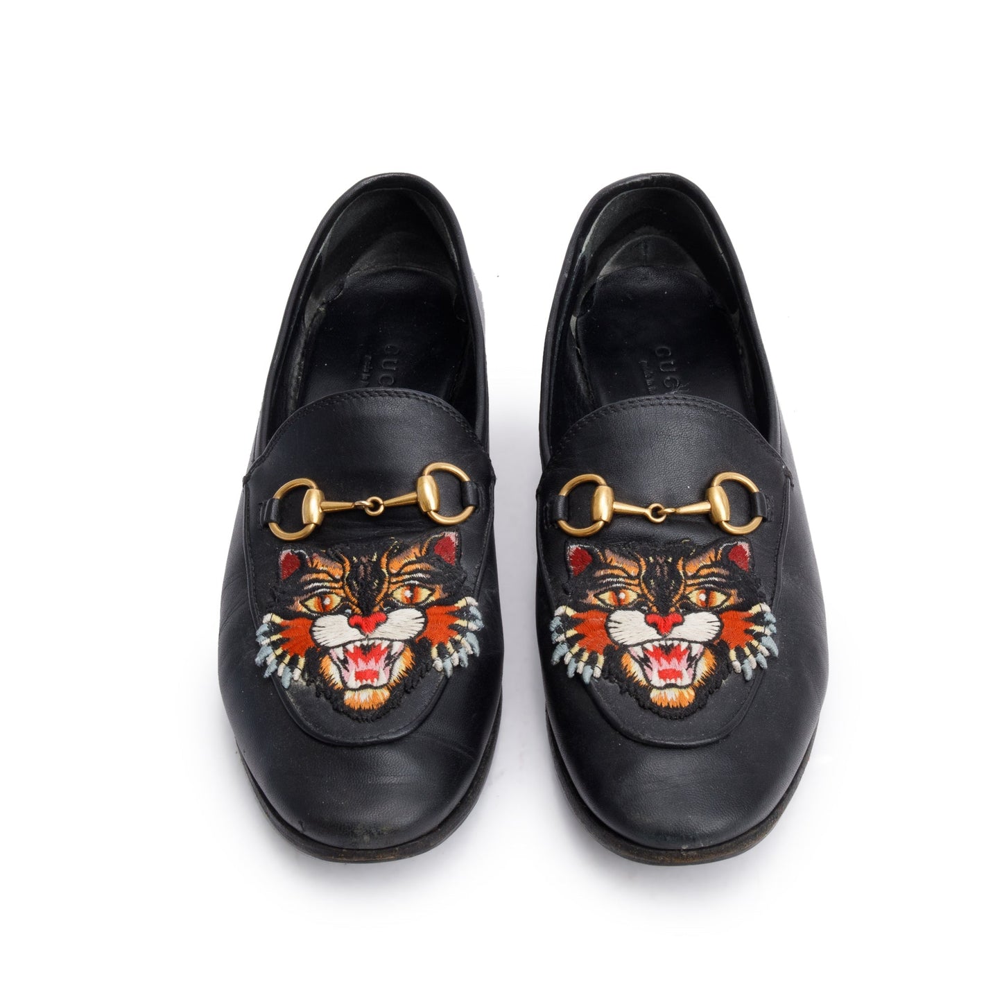 Gucci Black Leather Horsebit Accent Tiger Loafers, Size 6.5