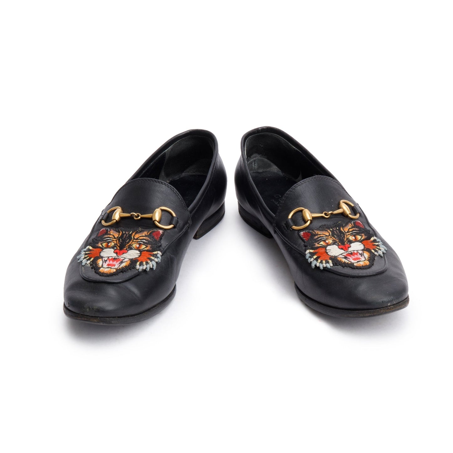 Gucci Black Leather Horsebit Accent Tiger Loafers, Size 6.5