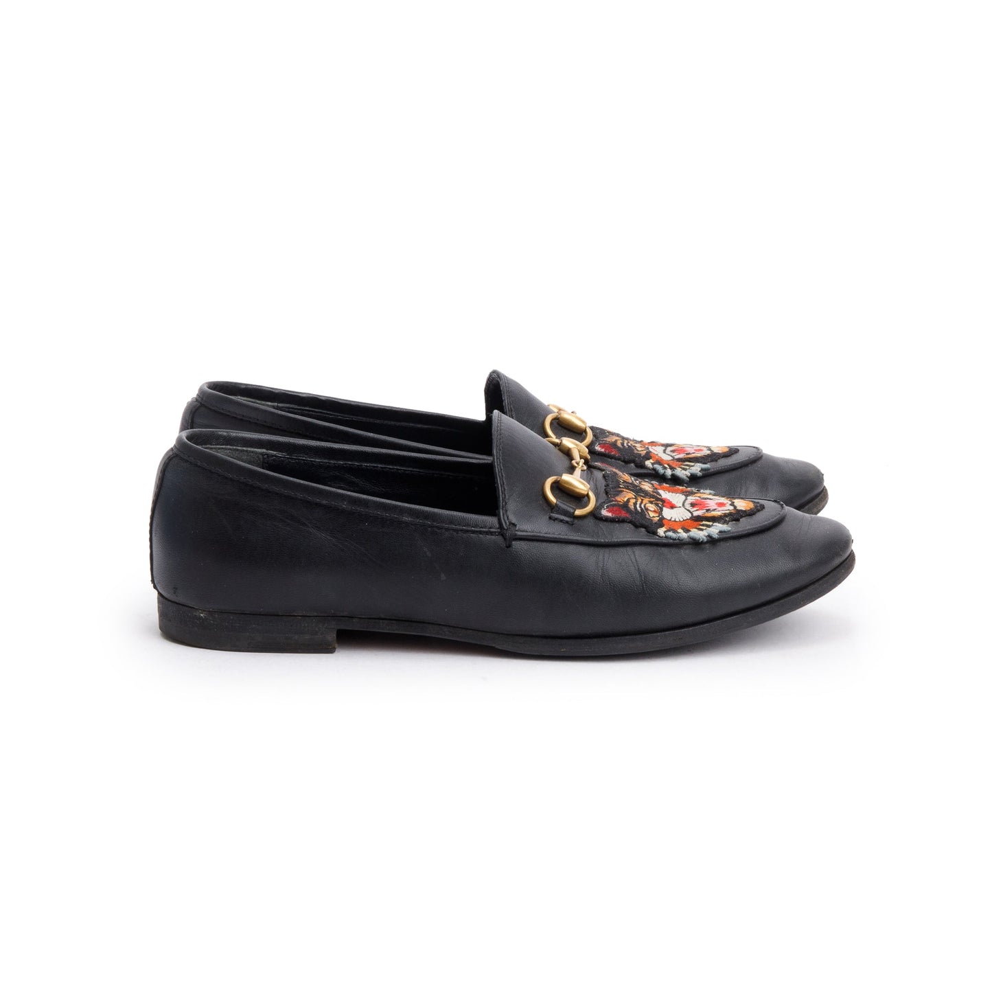 Gucci Black Leather Horsebit Accent Tiger Loafers, Size 6.5