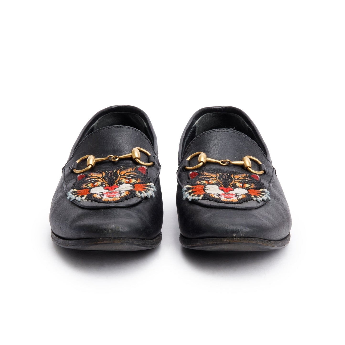 Gucci Black Leather Horsebit Accent Tiger Loafers, Size 6.5