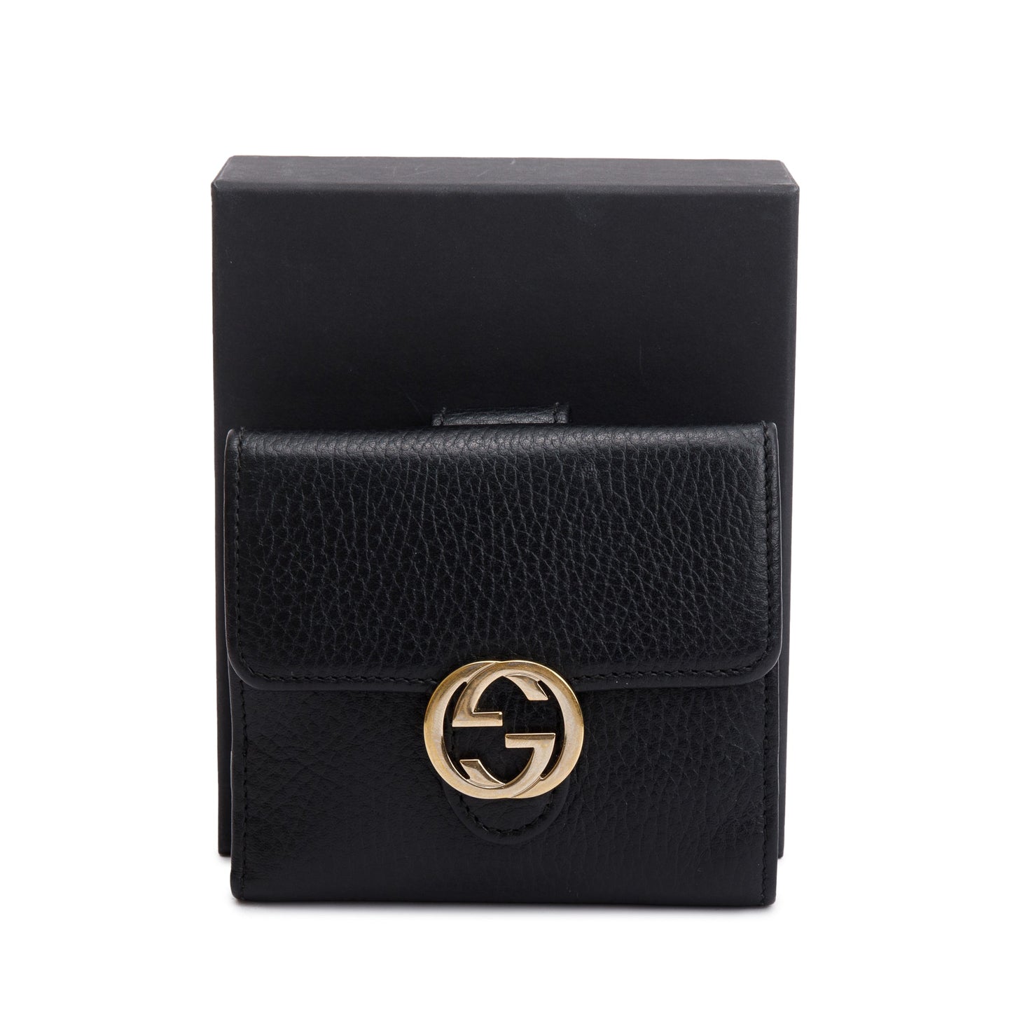 Gucci Black Leather Interlocking G Logo Compact Wallet