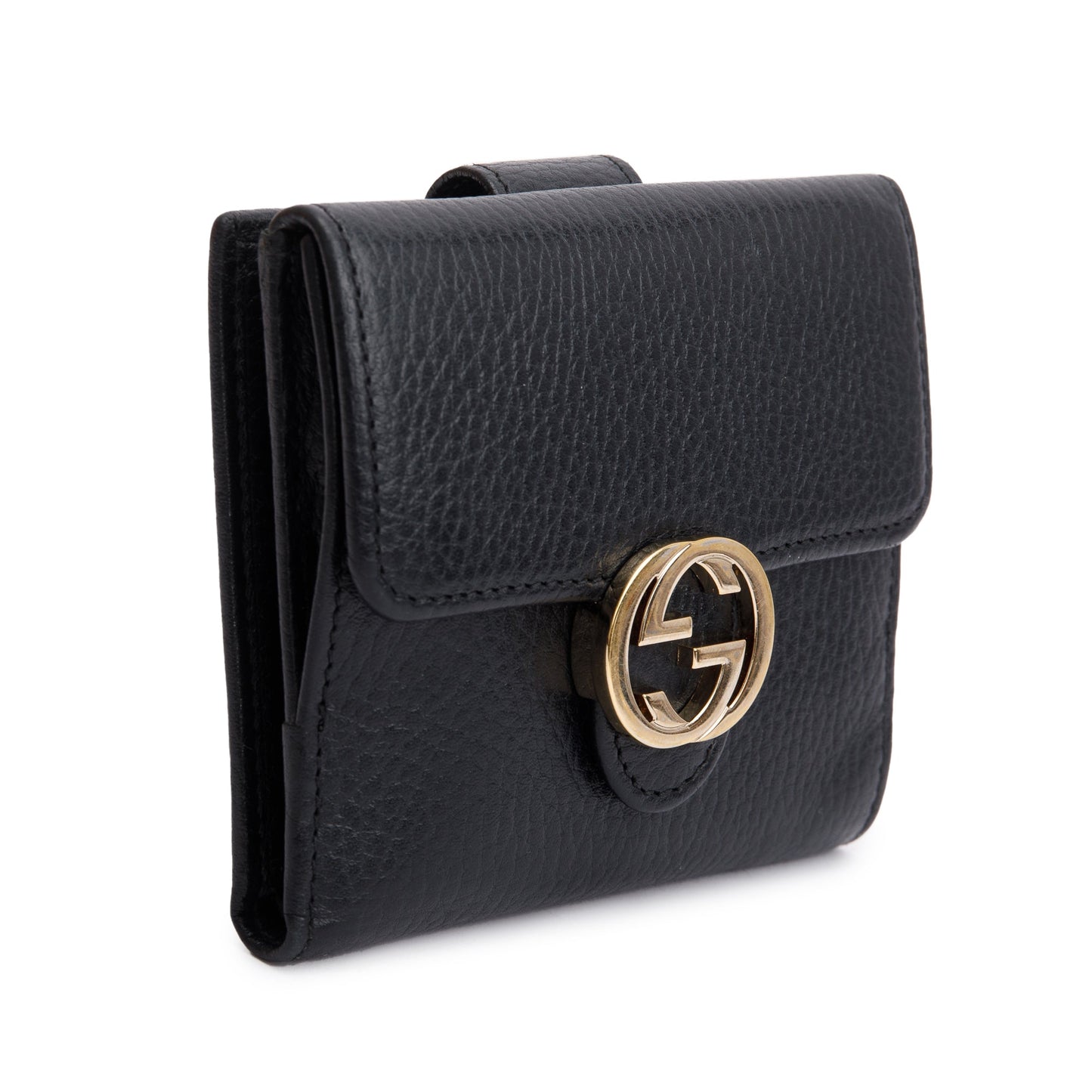 Gucci Black Leather Interlocking G Logo Compact Wallet