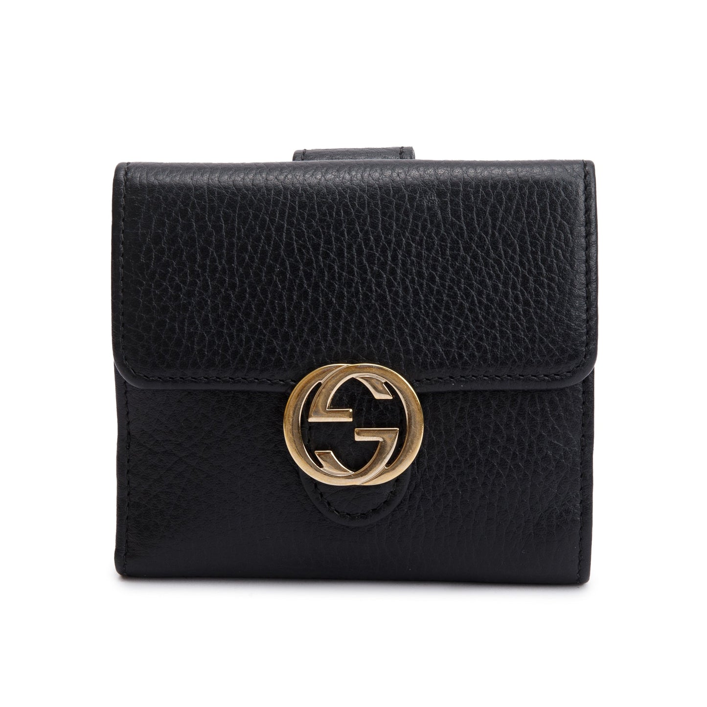 Gucci Black Leather Interlocking G Logo Compact Wallet