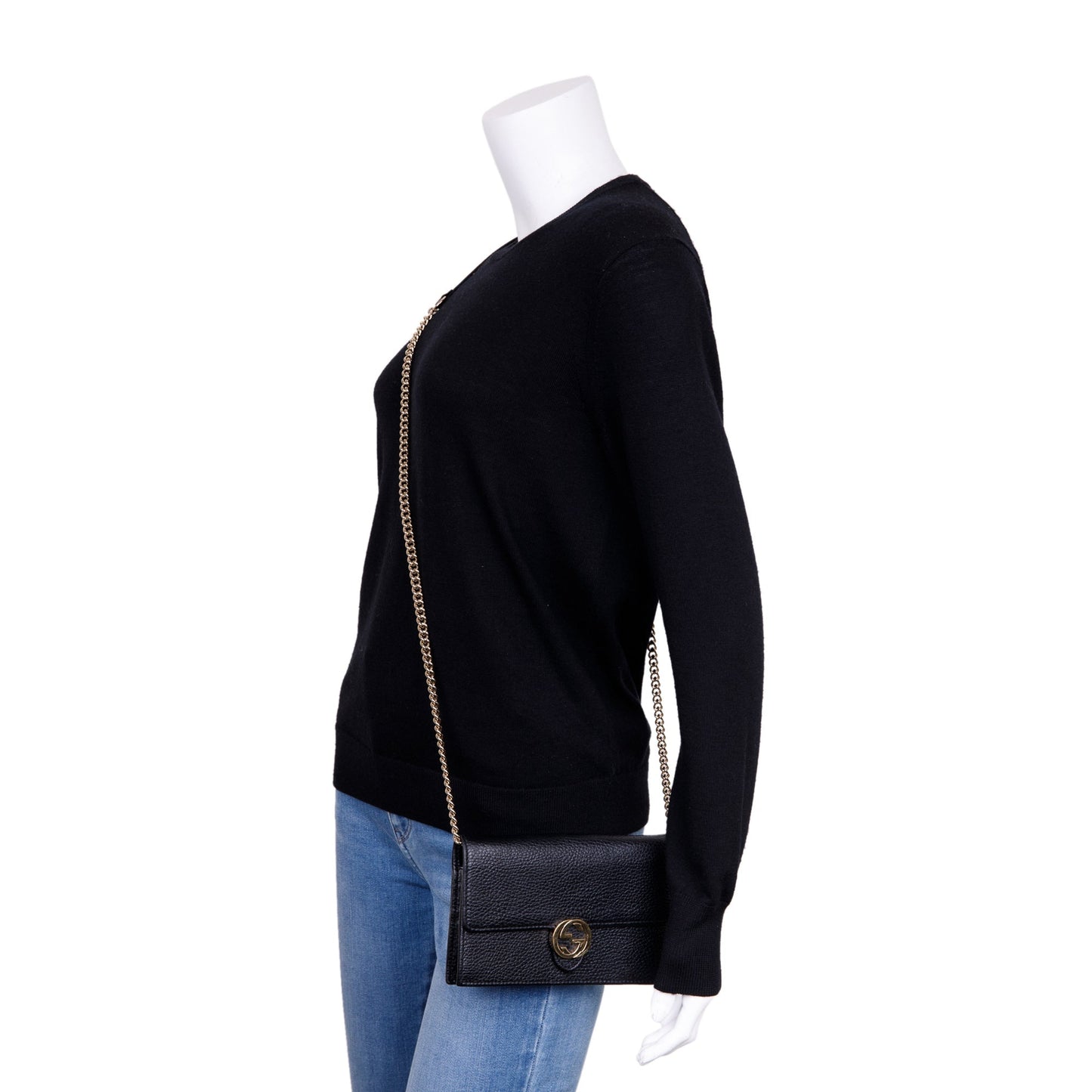 Gucci Black Leather Interlocking G Wallet on Chain