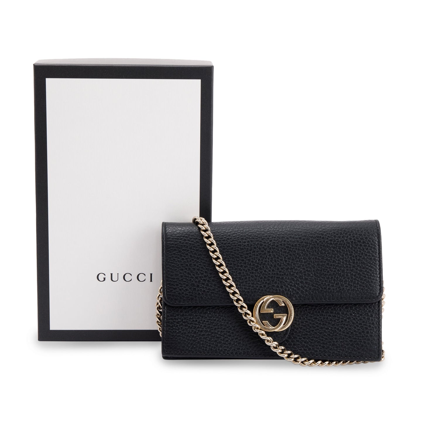 Gucci Black Leather Interlocking G Wallet on Chain