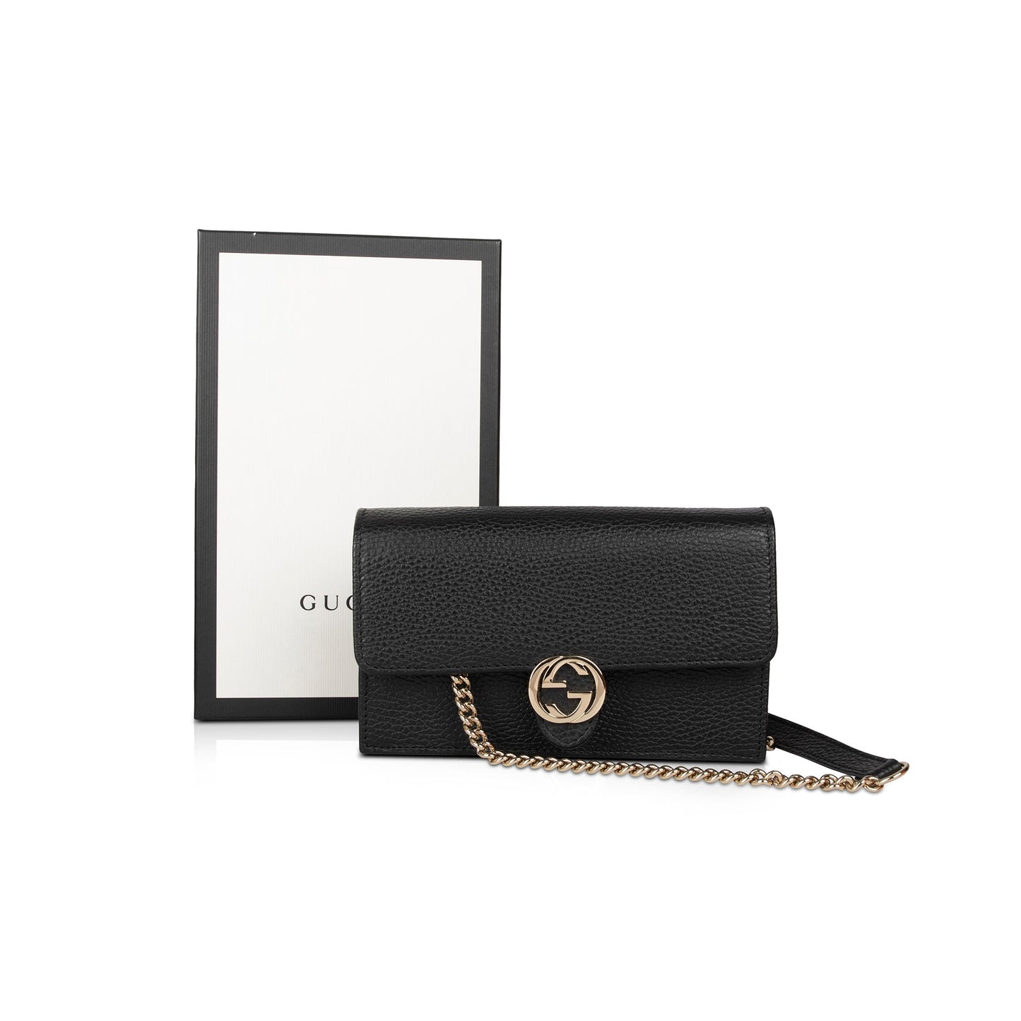 Gucci Black Leather Interlocking G Wallet on Chain