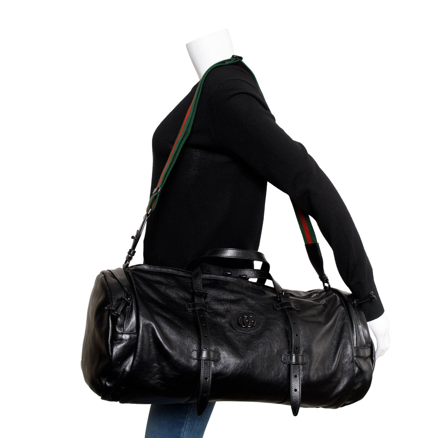 Gucci Black Leather Large Duffle Bag with Tonal Double G