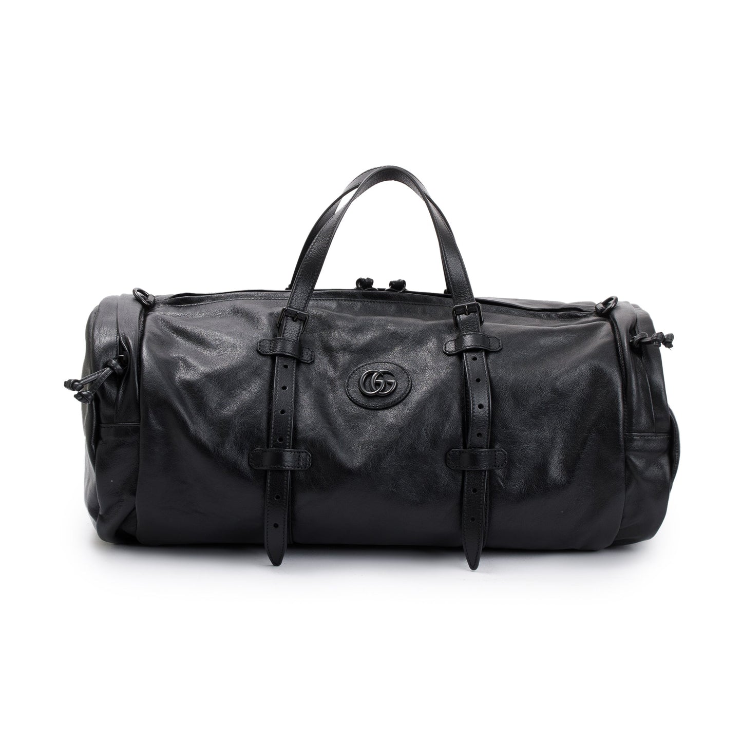 Gucci Black Leather Large Duffle Bag with Tonal Double G
