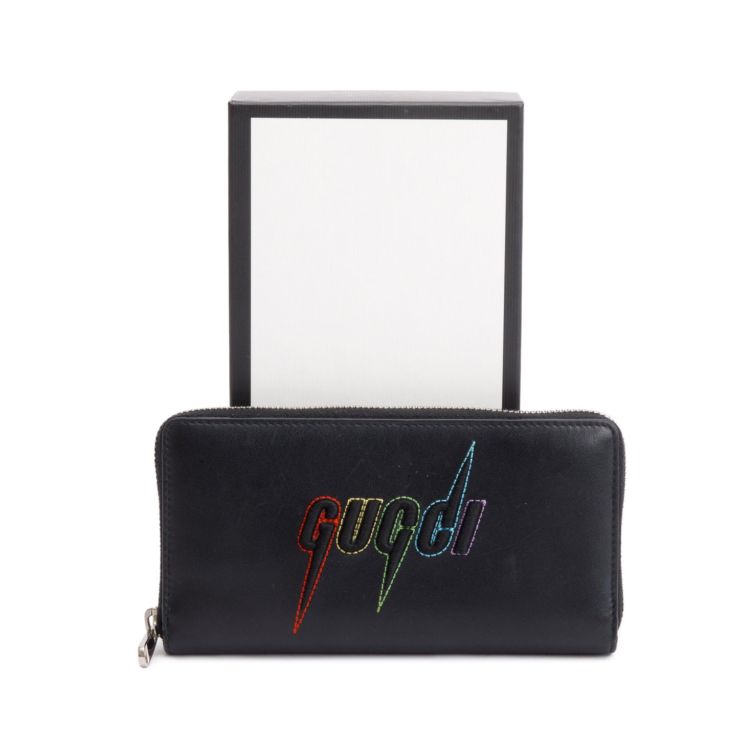 Gucci Black Leather Rainbow Blade Logo Continental Zip Wallet
