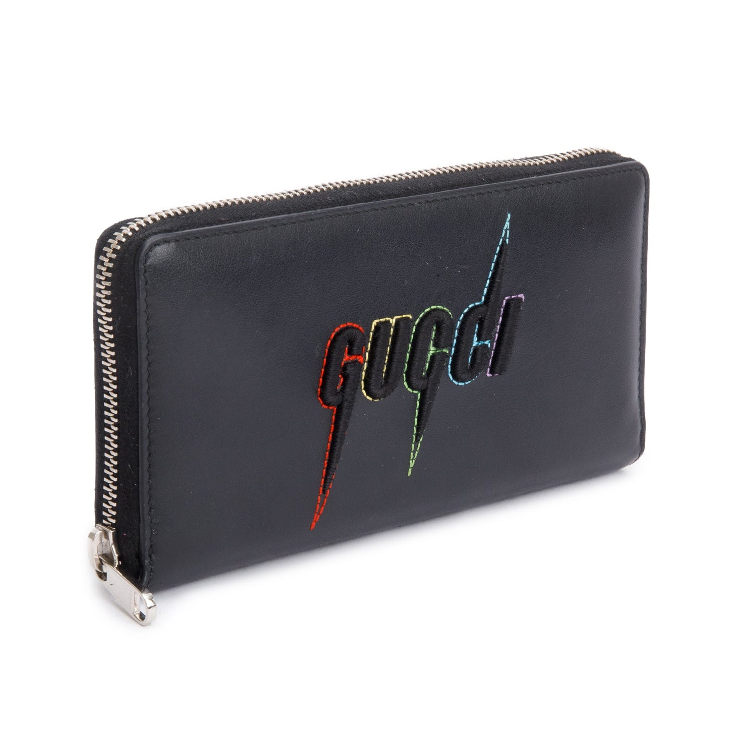 Gucci Black Leather Rainbow Blade Logo Continental Zip Wallet