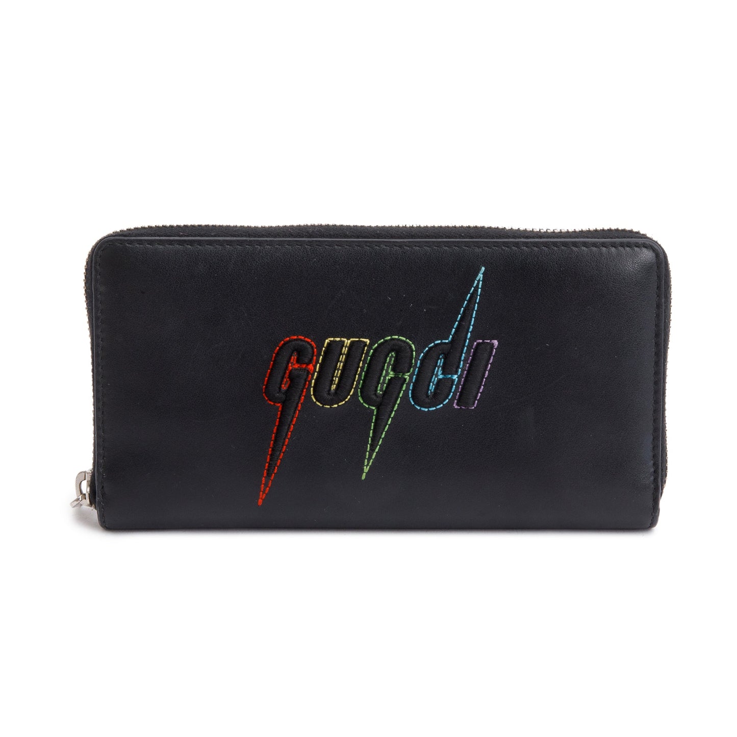 Gucci Black Leather Rainbow Blade Logo Continental Zip Wallet